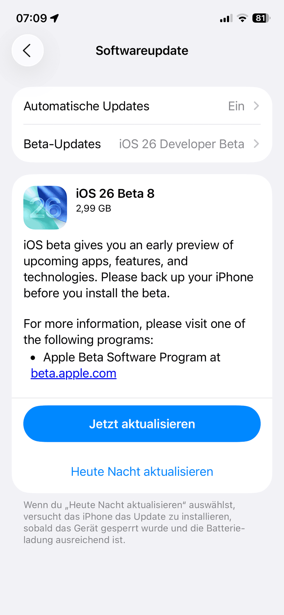 iOS 26 Beta 8 Install Screen