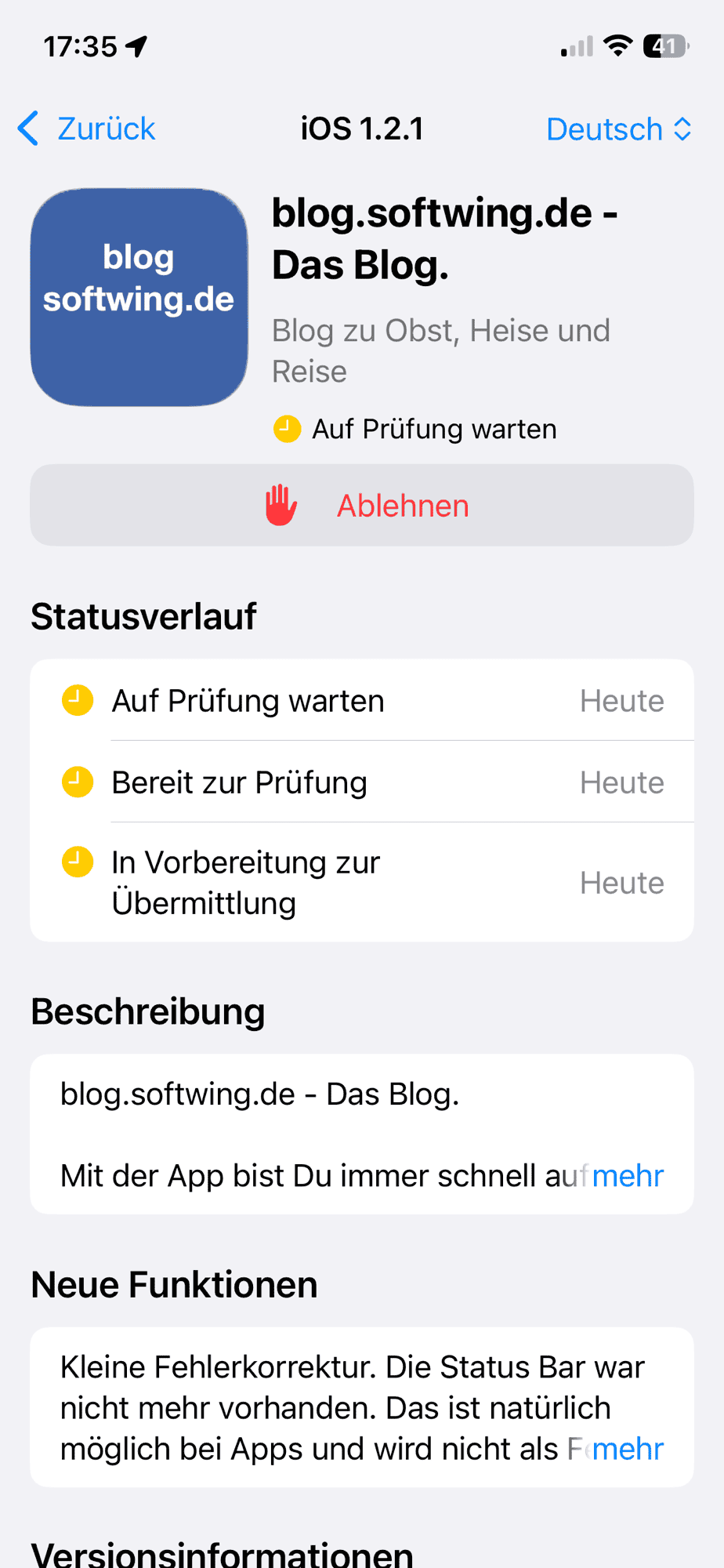 Screenshot der Connect App mit hochgeladener Blog App.