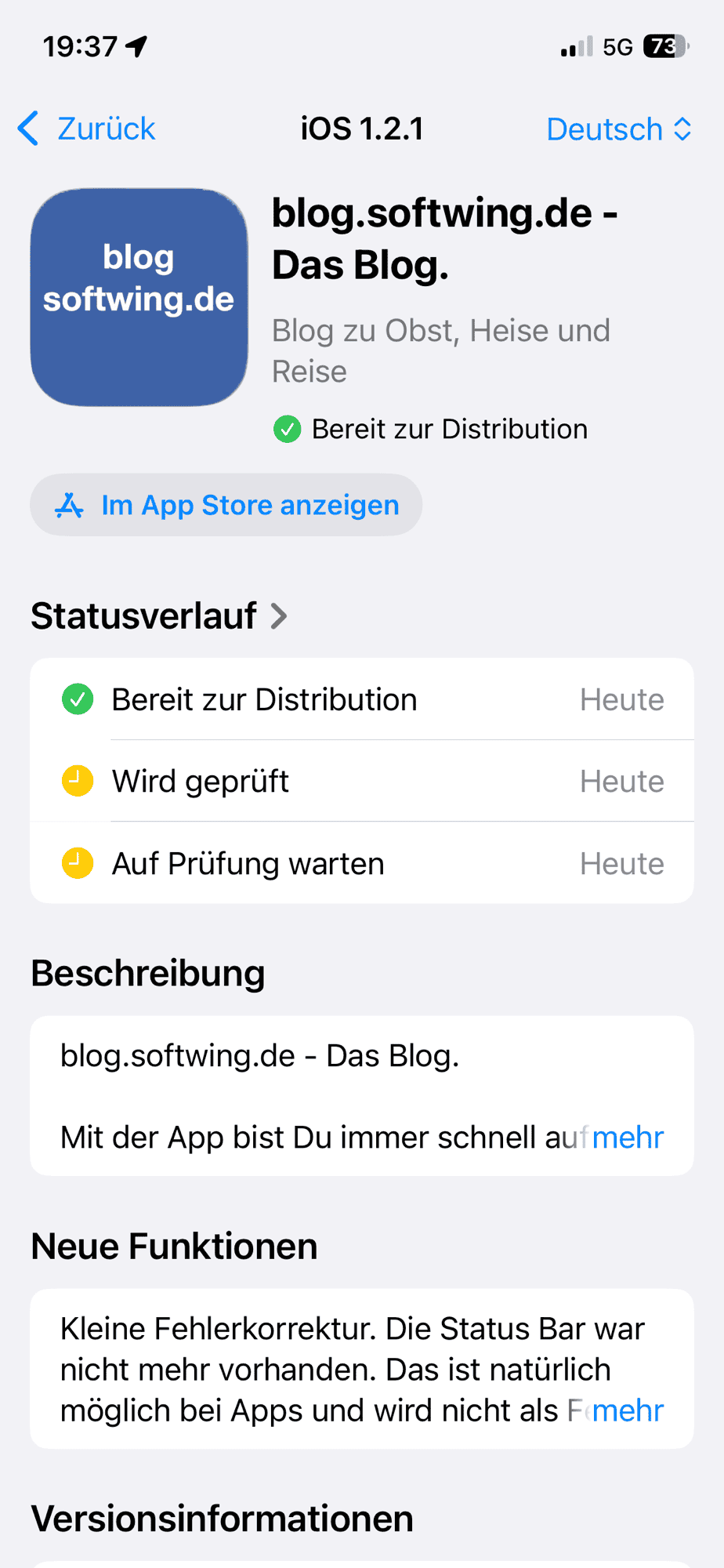 Screenshot der Connect App mit im App Store bereitgestellter Blog App.