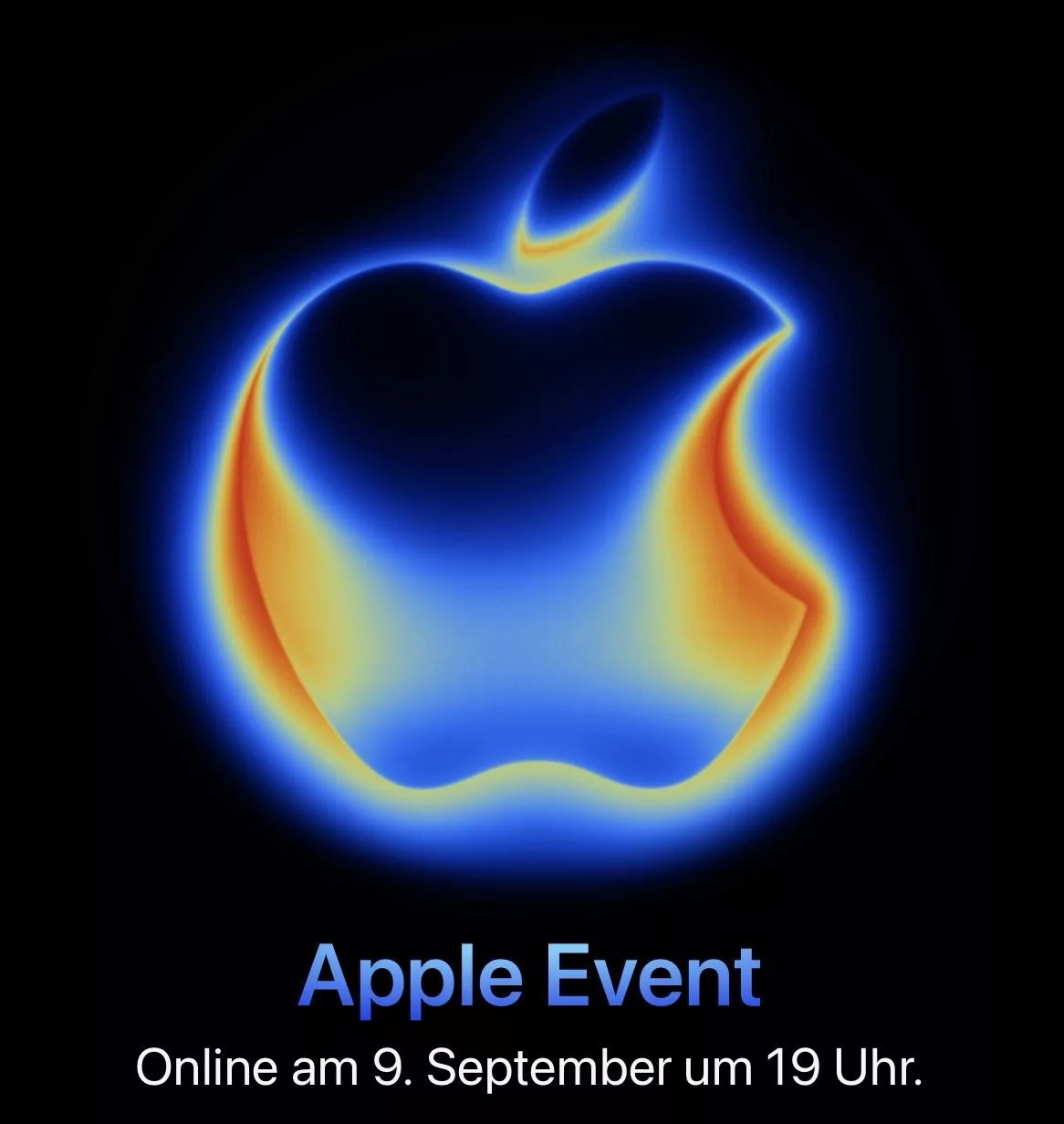 Apple Einladung für den Septembertermin nit bunt schilkerndem Appke Logo auf Schwarz.