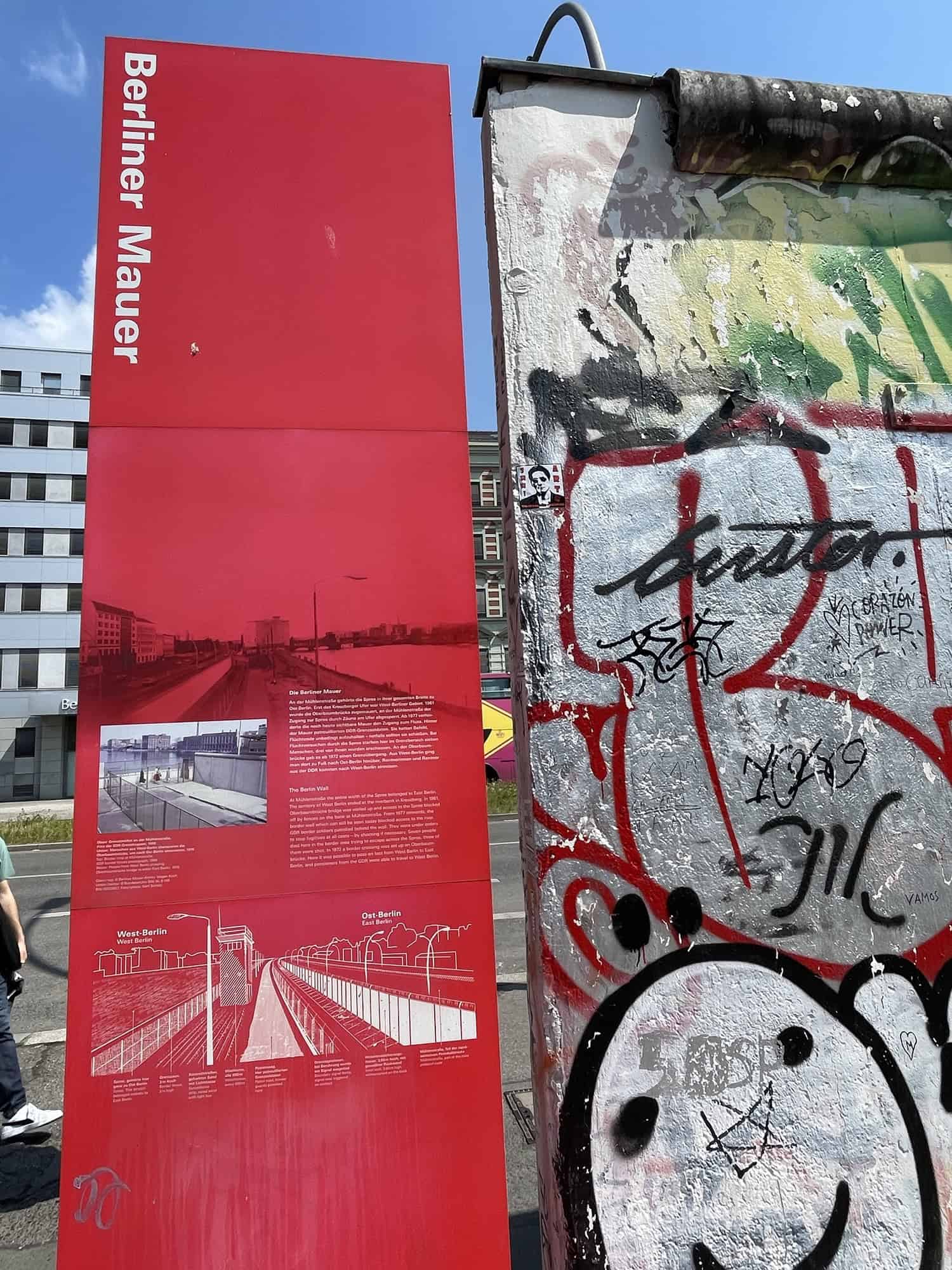 Roter großer Aufsteller zur Berliner Mauer mit Todesstreifenabbildung. Daneben ein Stück Mauer mit Graffities.