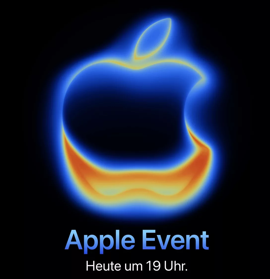 Apple-Icon mit Farbverlauf, das auf das heutige Apple Event mit der iPhone-Keynote: 'Awe Dropping' hinweist.