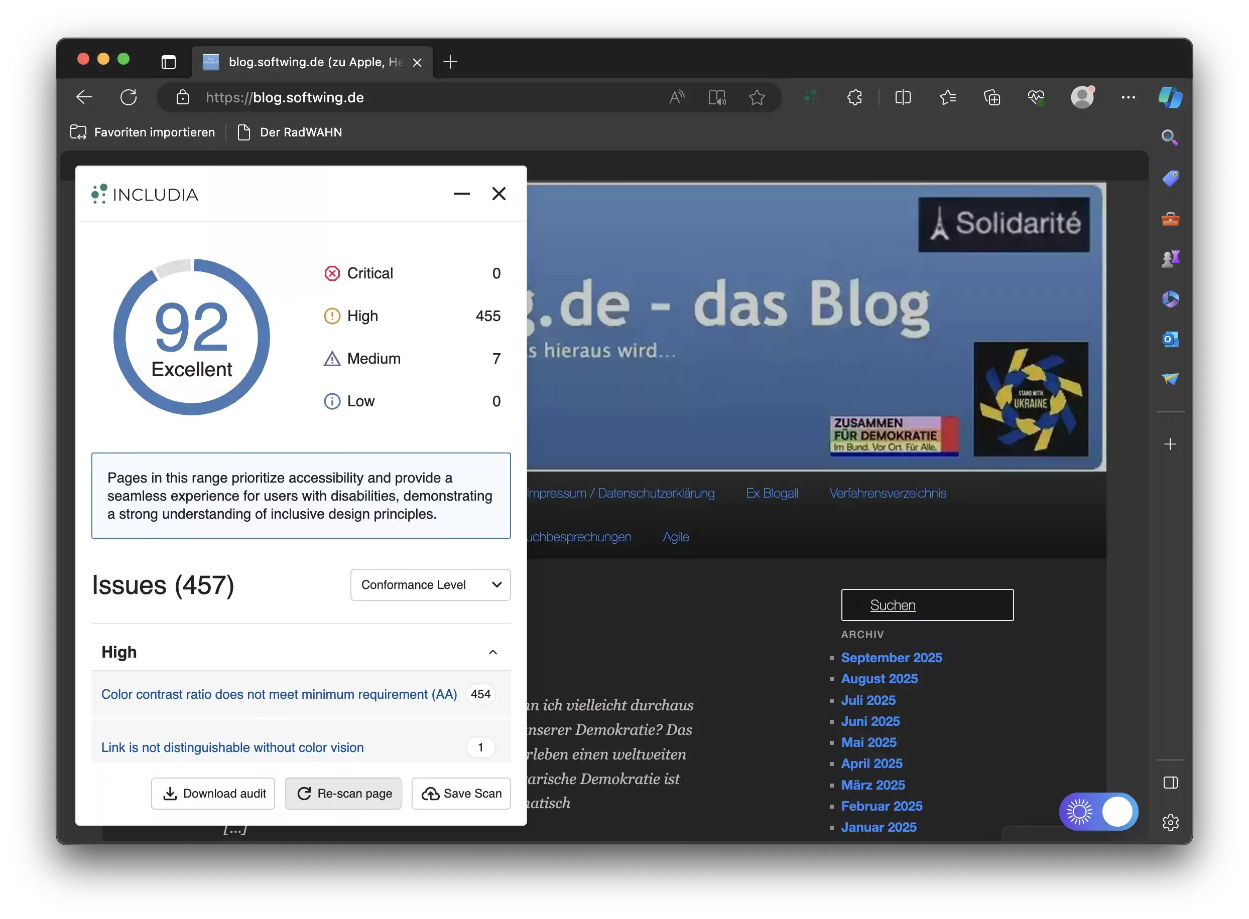 Das Blog in der Dunkelansicht mit 92% Erreichung bei Includia
