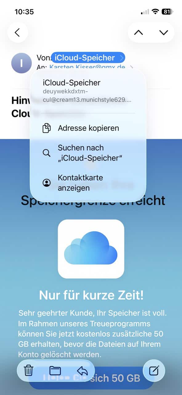 Phishing-Mail im Stil von Apple iCloud: Speicher fast voll, bekomme kostenlos weitern, da Treuekunde.