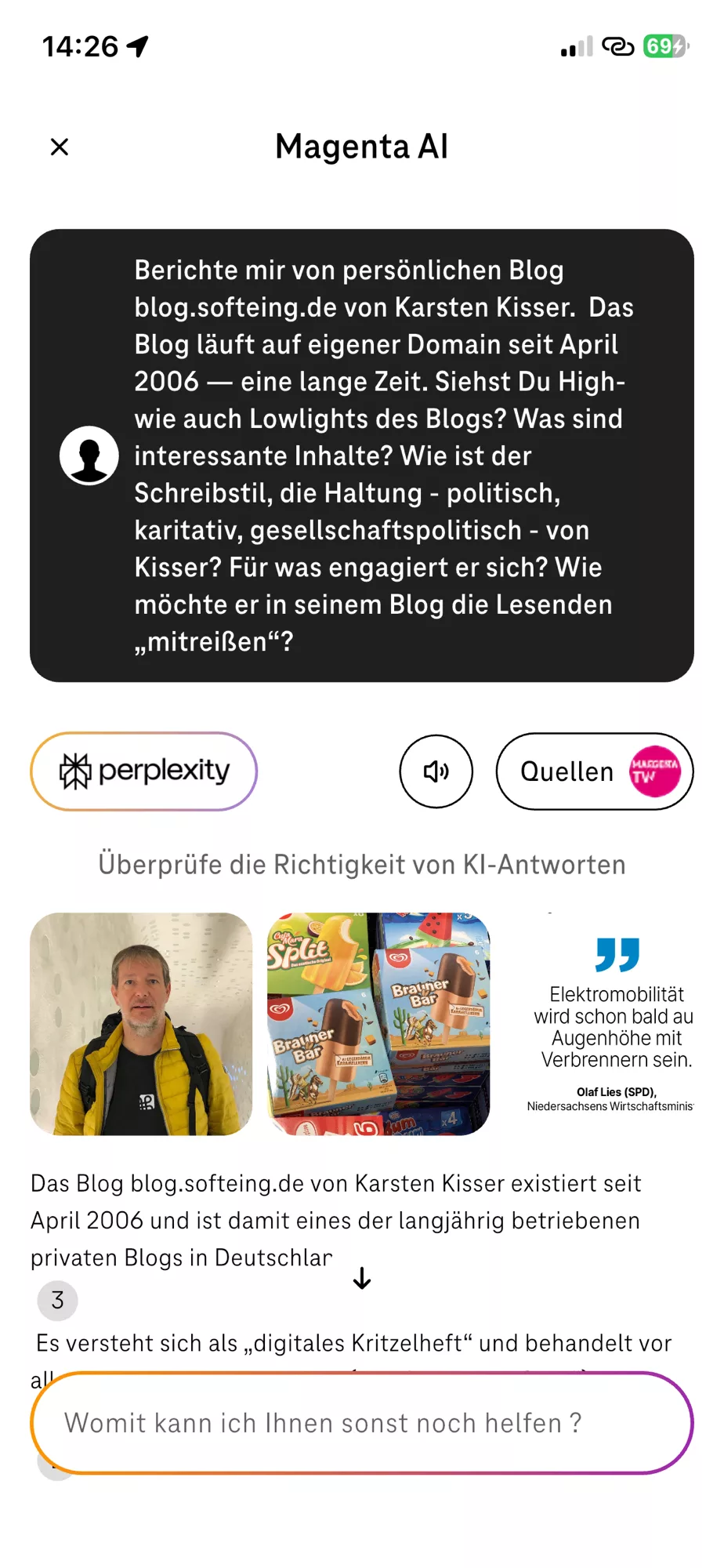 Screenshot von Magenta AI mit der Anfrage zum Blog.
