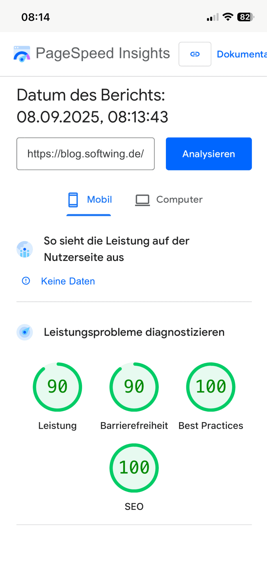 PageSpeed Insights nur mit grünen Werten für Mobil.