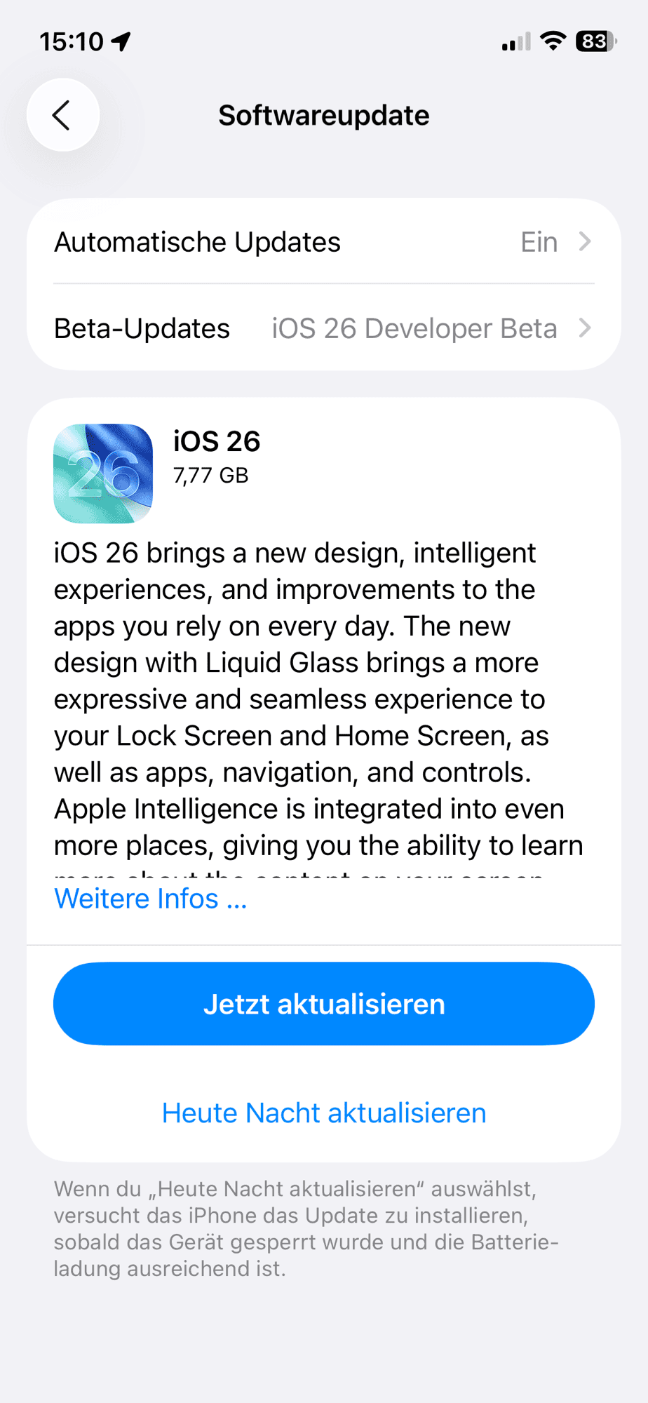 iOS 26 Downloadscreen (wohl Golden Master).