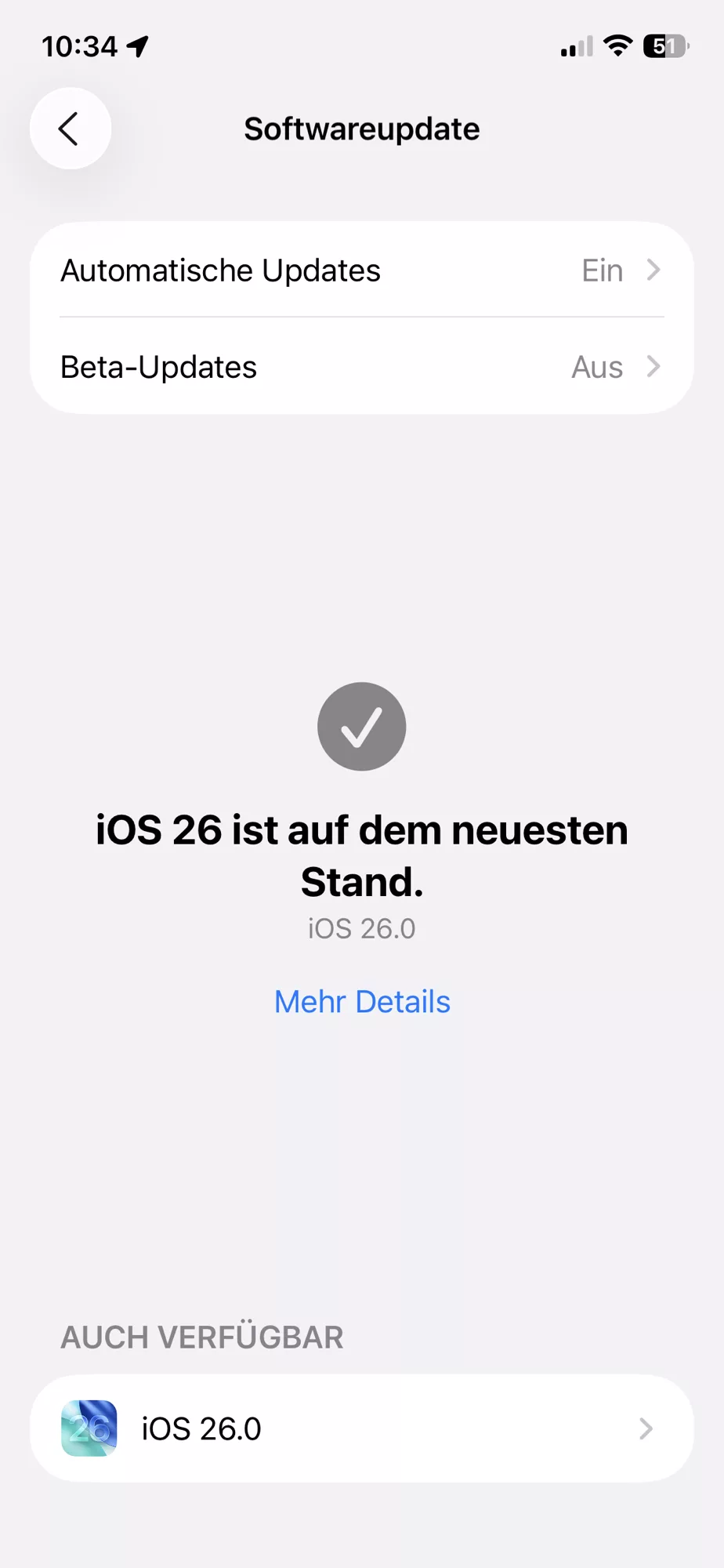 iOS Install Screen mit Schalter-Aus für Beta und es wird die offizielle iOS 26 Version angeboten.