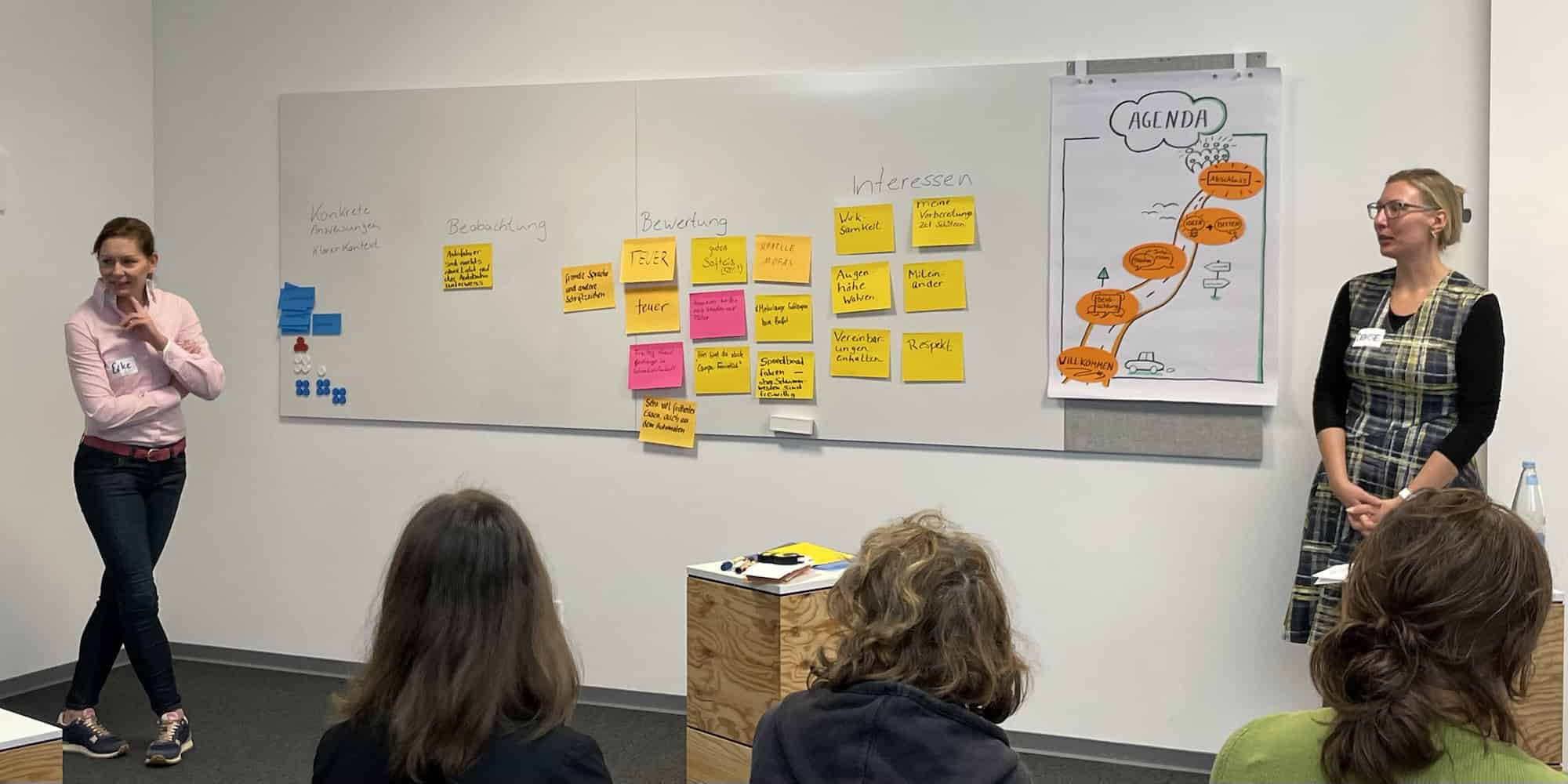 Eike und Denise an den beiden Seiten des sehr großen Whiteboards, das mit farbigen, beschriebenen Zetteln behängt ist.