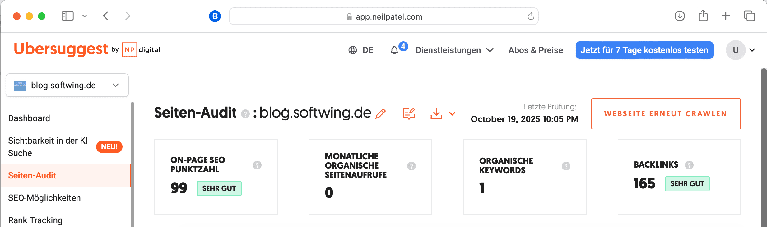 Screenshot der SEO-Webseite Ubersuggest mit guten Werten für das Blog.