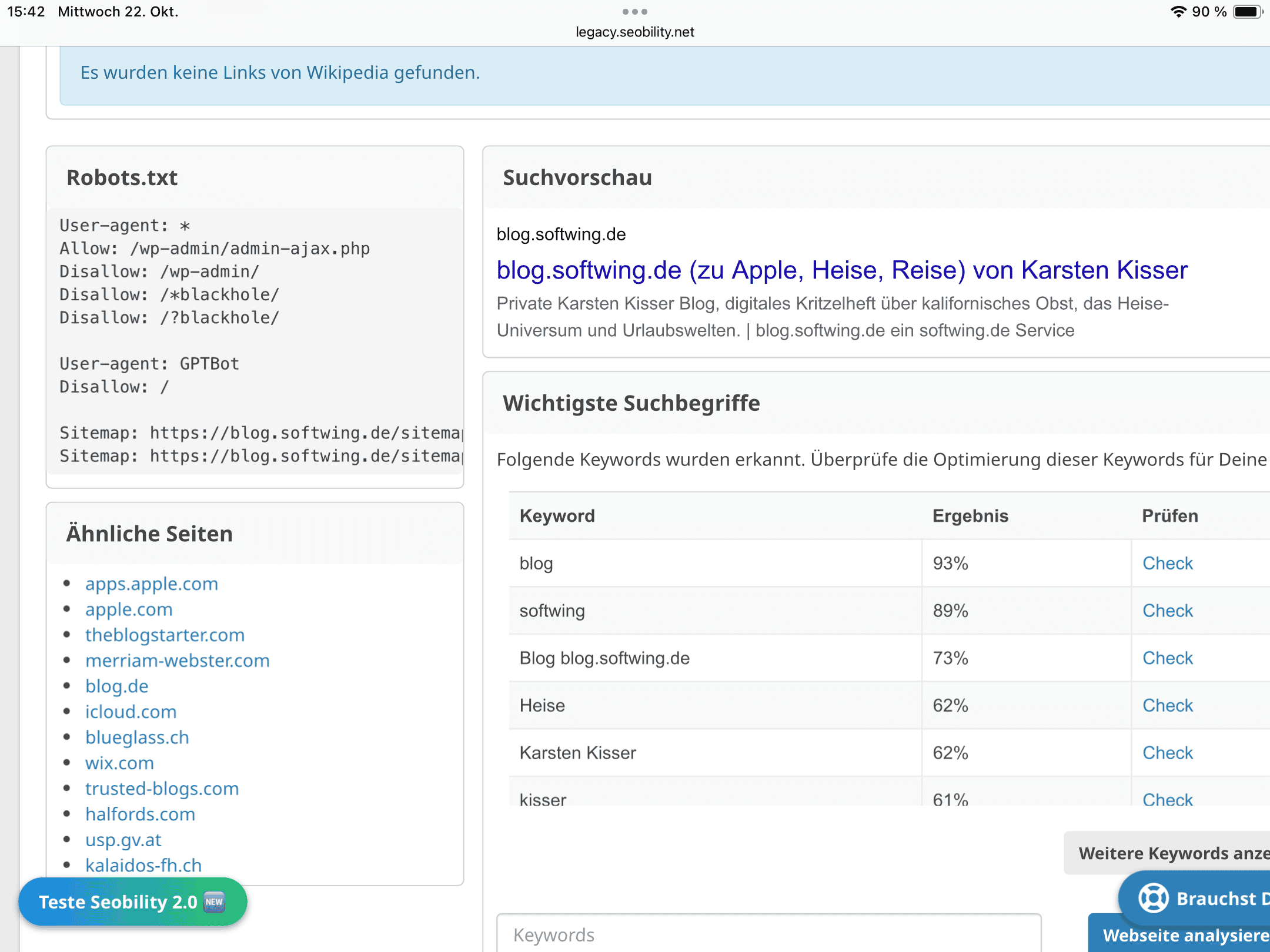 Seitenauszug von Seobility u.a. mit vielen Apple-URLs als ähnliche Seiten wie das Blog.