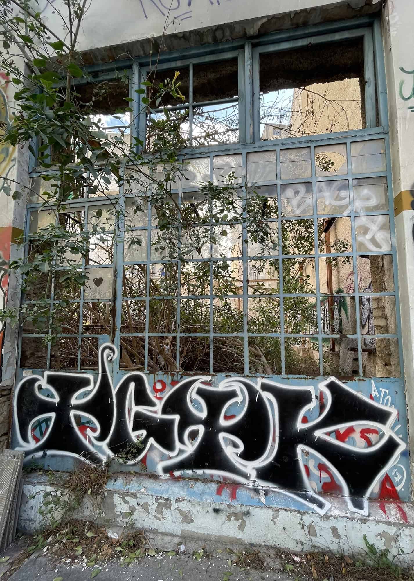 Glasfensterfront aus vielen Einzelscheiben, davor ein schmales Graffiti unten.