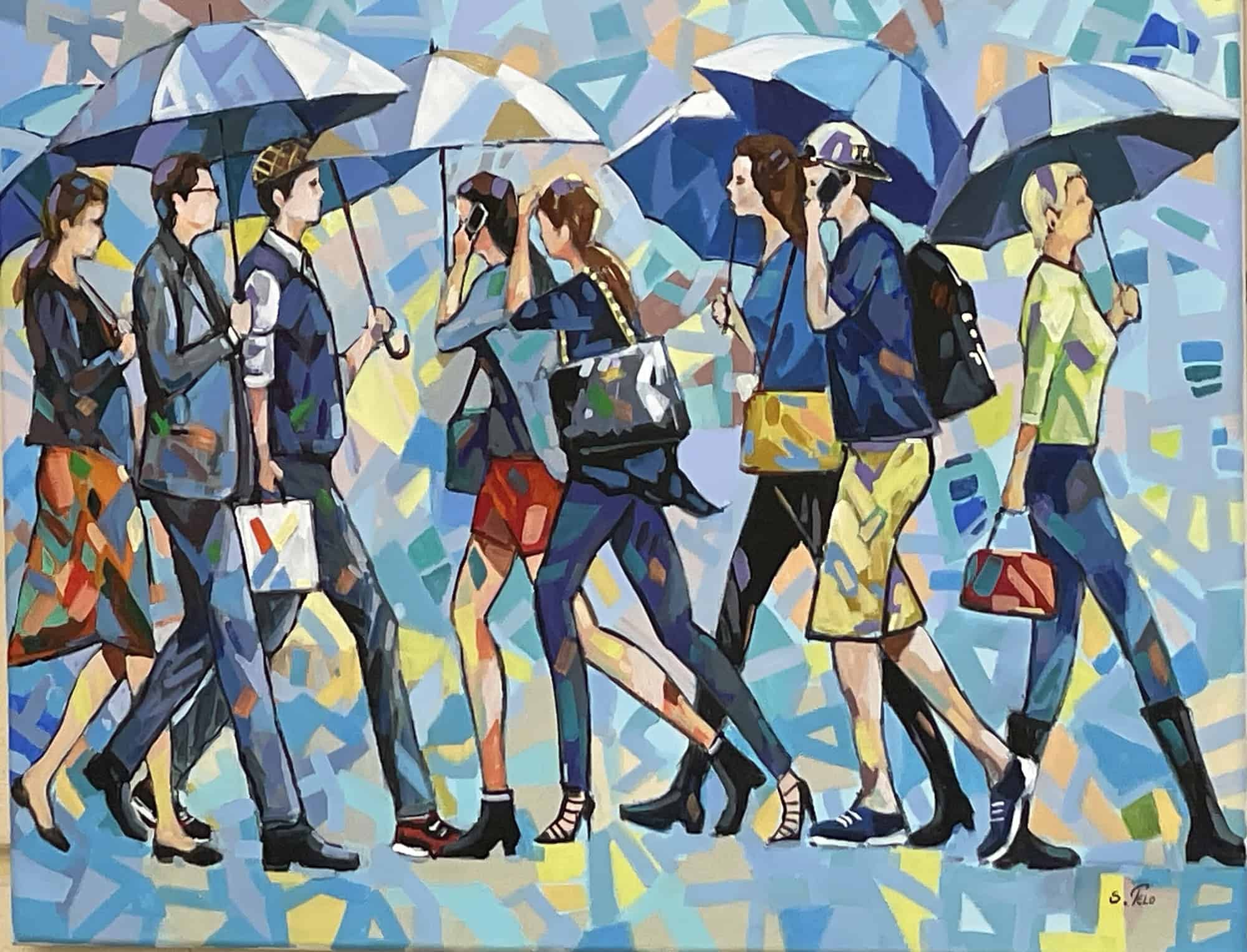 Ein Regengemälde mit Passanten mit Regenschirmen.