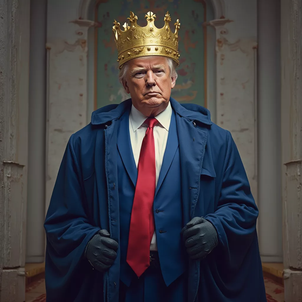 Trump mit goldener Krone in blauem Anzug, weißem Hemd und überlangwr roter Krawatte.