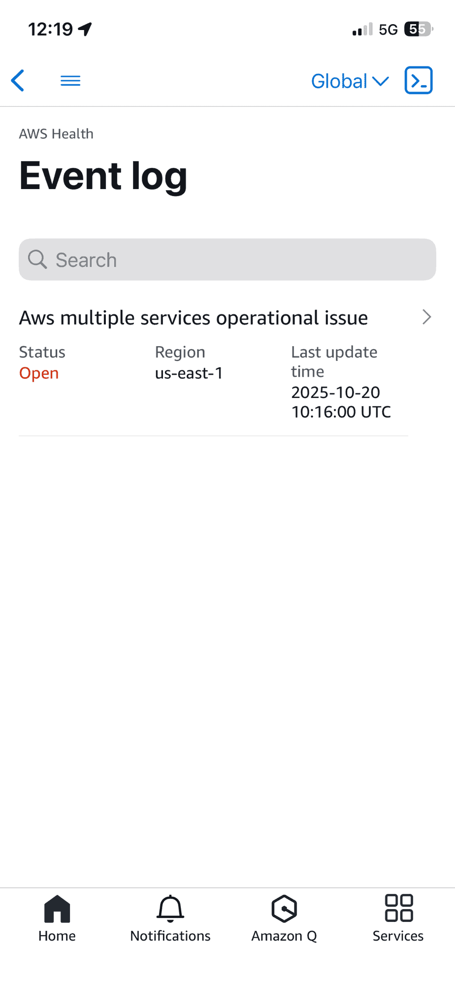 AWS Event Log mit ipen issue AWS US-EAst-1 Virginia.