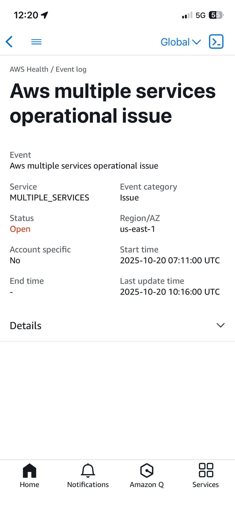 Weiter Screenshot mit AWS Event Log mit ipen issue AWS US-EAst-1 Virginia.