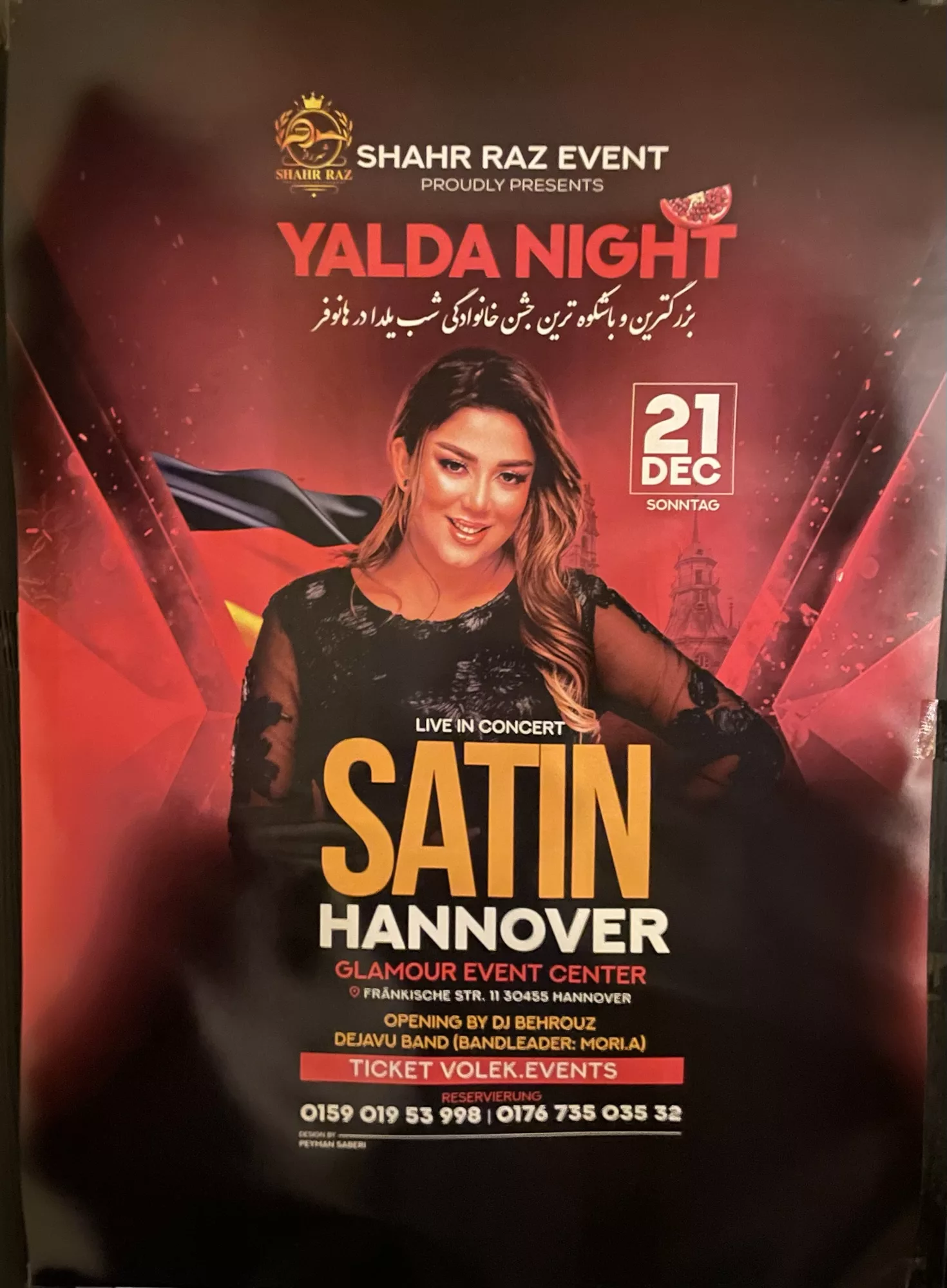 Plakat mit einer Frau in schwarzem Kleid für YALDA NIGHT LIVE IN CONCERT SATIN HANNOVER am 21.12.