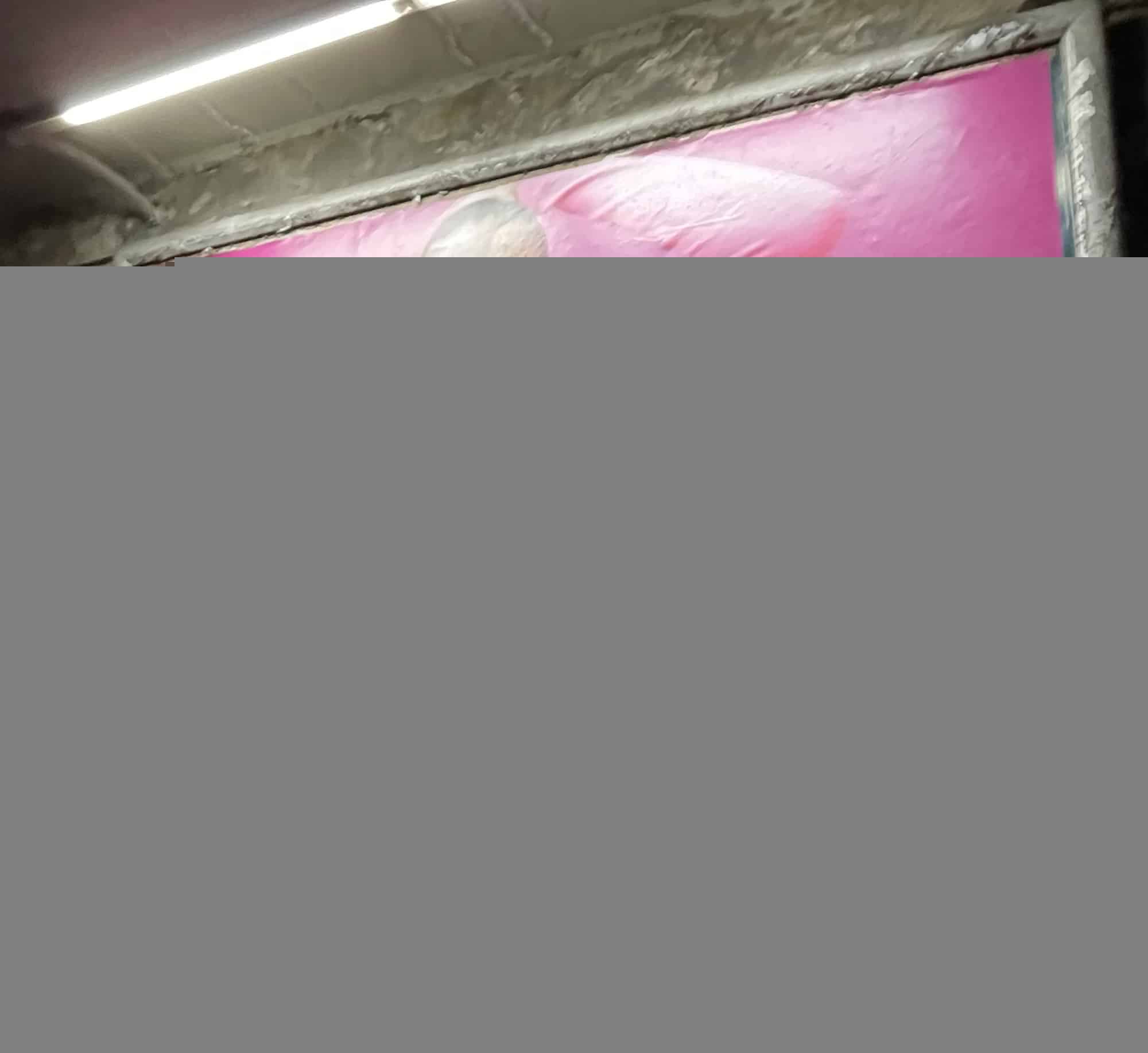 Außenwerbeplakat 'Checkst du!' rosa von Kajes mit abgebildetet Frau zum Brustkrebsmonat Oktober, dunkelhäutige Frau in schulterlosem lässigen Rosakleid und rosa Ärmeln.