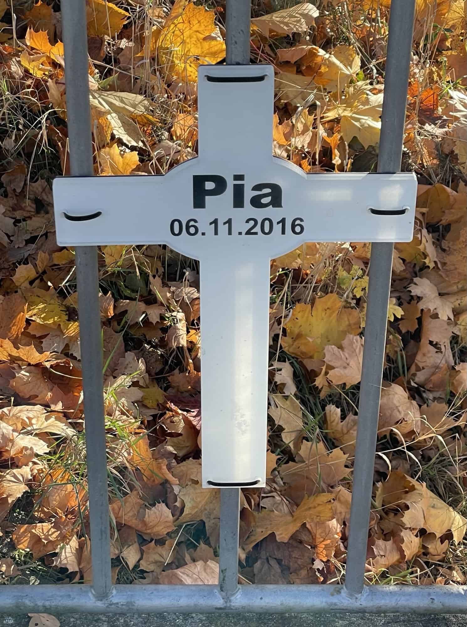 Weißes Kreuz von Pia mit Laub im Hintergrund an Bückengelönder Mittellandkanal/Hannoversche Straße.