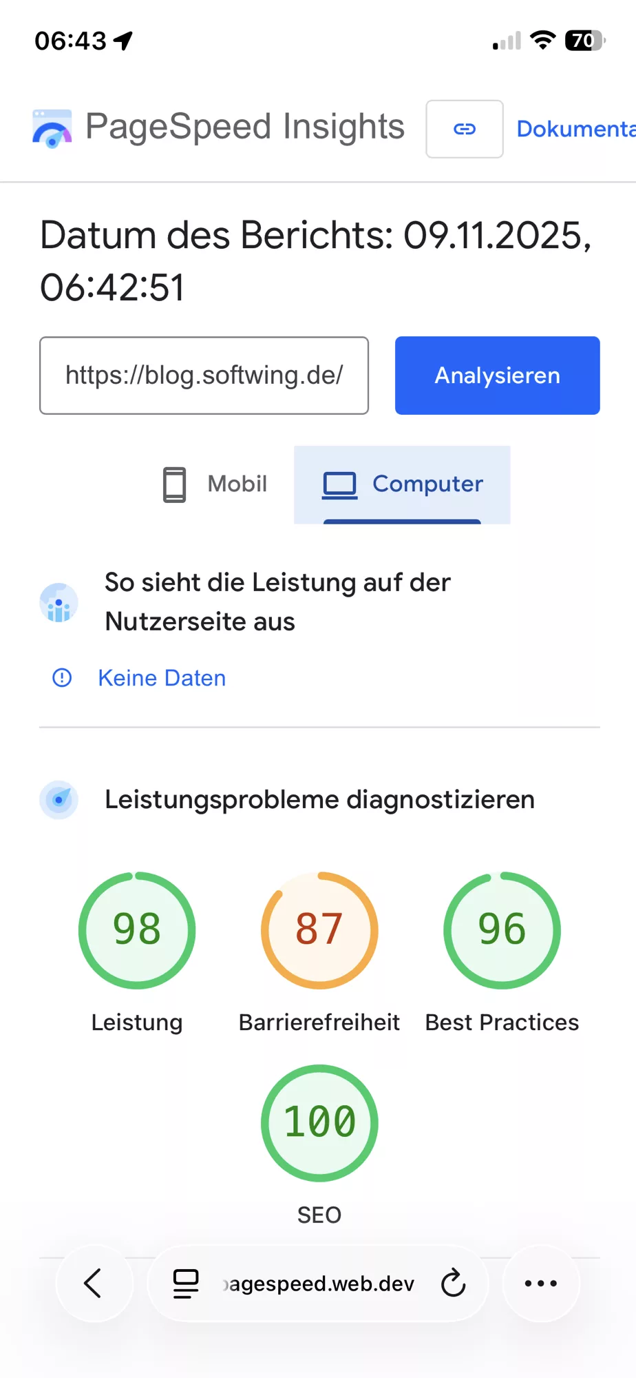 Screenshot von PageSpeed Insights mit recht guten Werten des Blogs für Desktop.