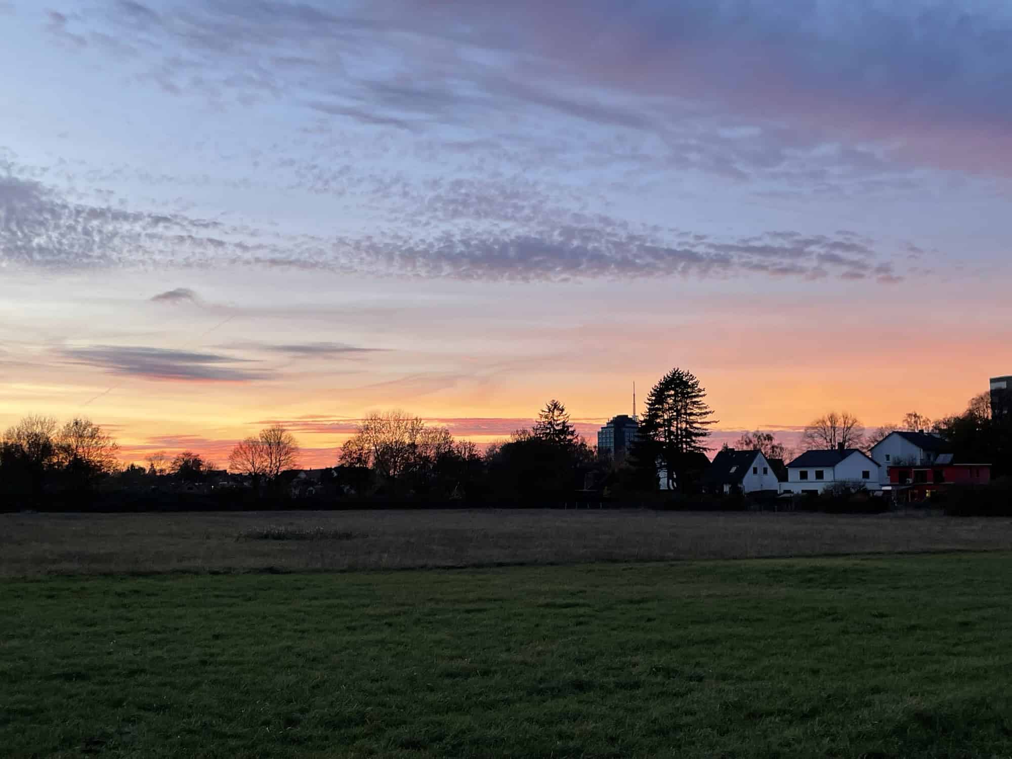 Dämmerlich, Rasenfläche im Vordergrund, hinten weiße Häuser, schwarze Bäume, ein gelb-oranger Streifen am unteren Himmel, darüber hellblauer Abendhimmel mit Wolken.