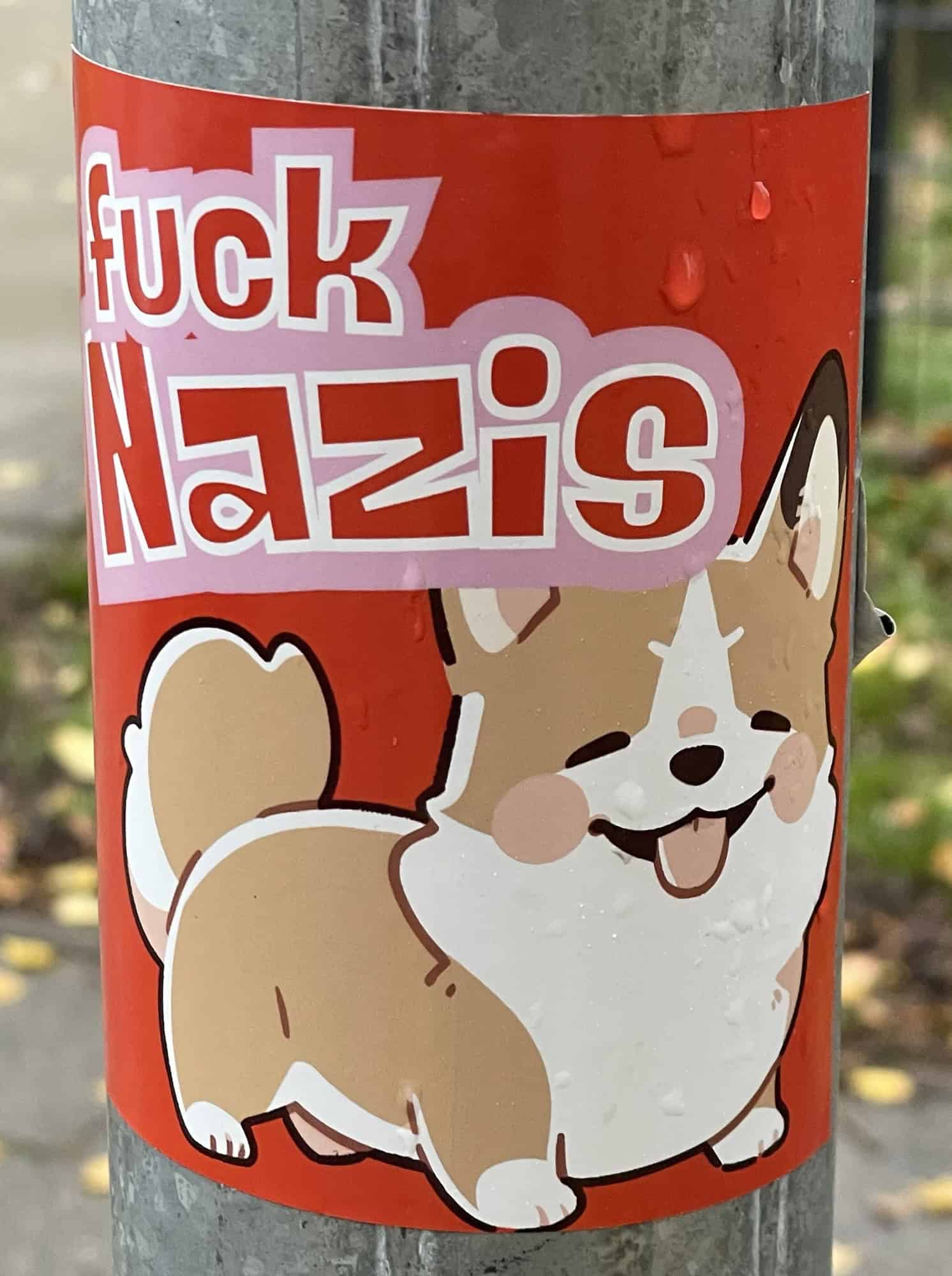 Aufkleber an Laterne mit Comichund und Aufschrift 'Fuck Nazis'.
