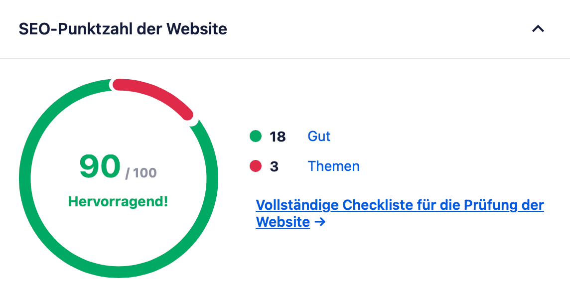 Fast grüner SEO-Kreis und mit 90/100 als hervorragend beurteilt.