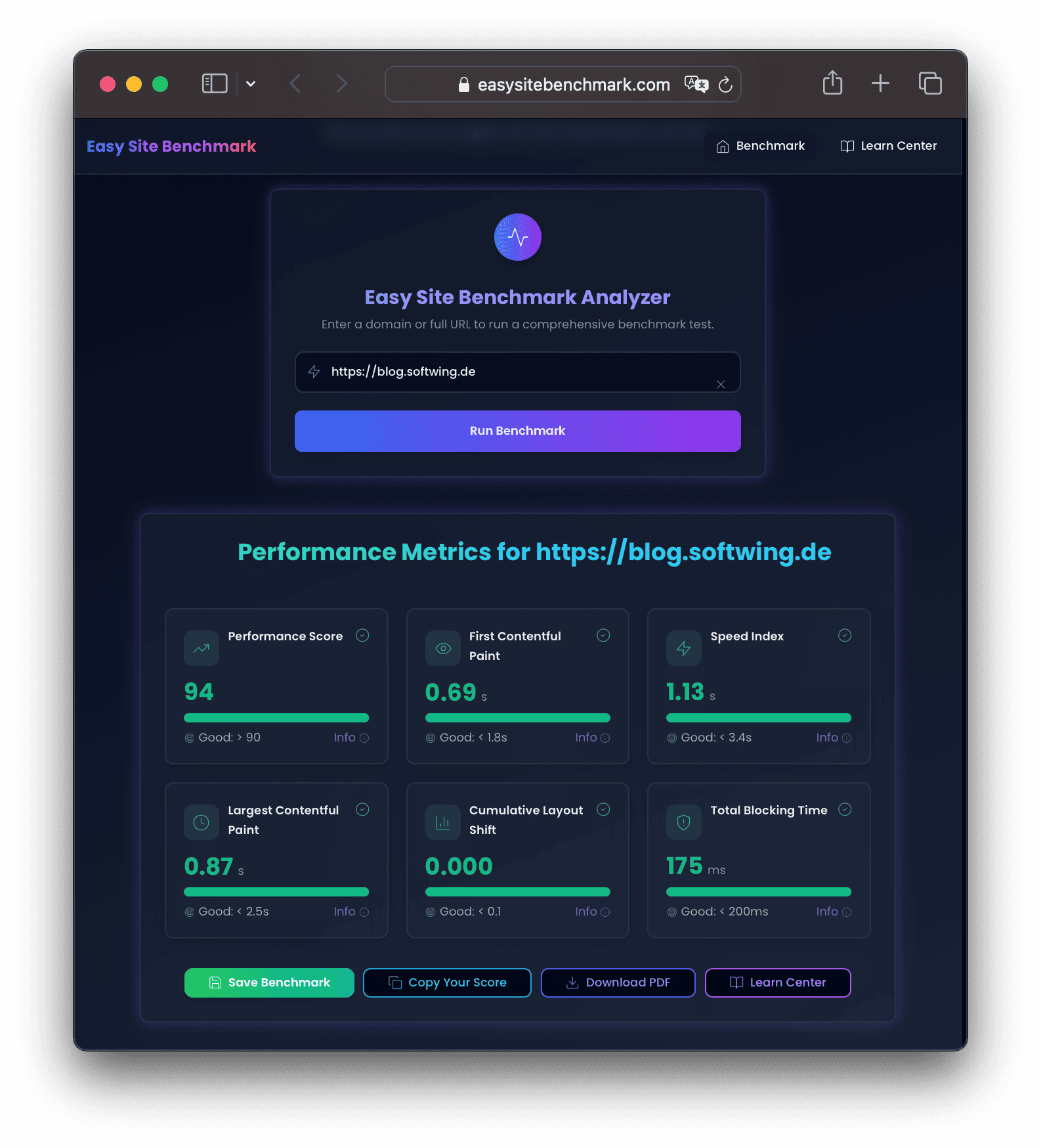 Ergebniswebseite Easy Site Benchmark mit guten Werten für das Blog.