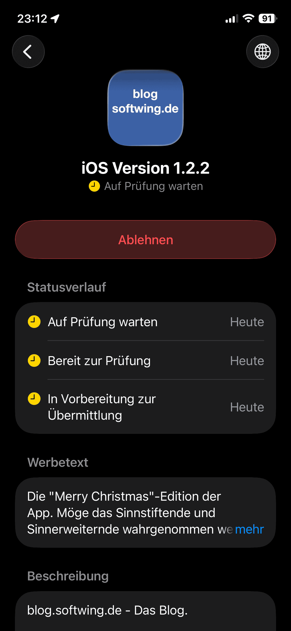 Screenshot von Apple Cooext mit der Blog App auf Prüfung wartend.