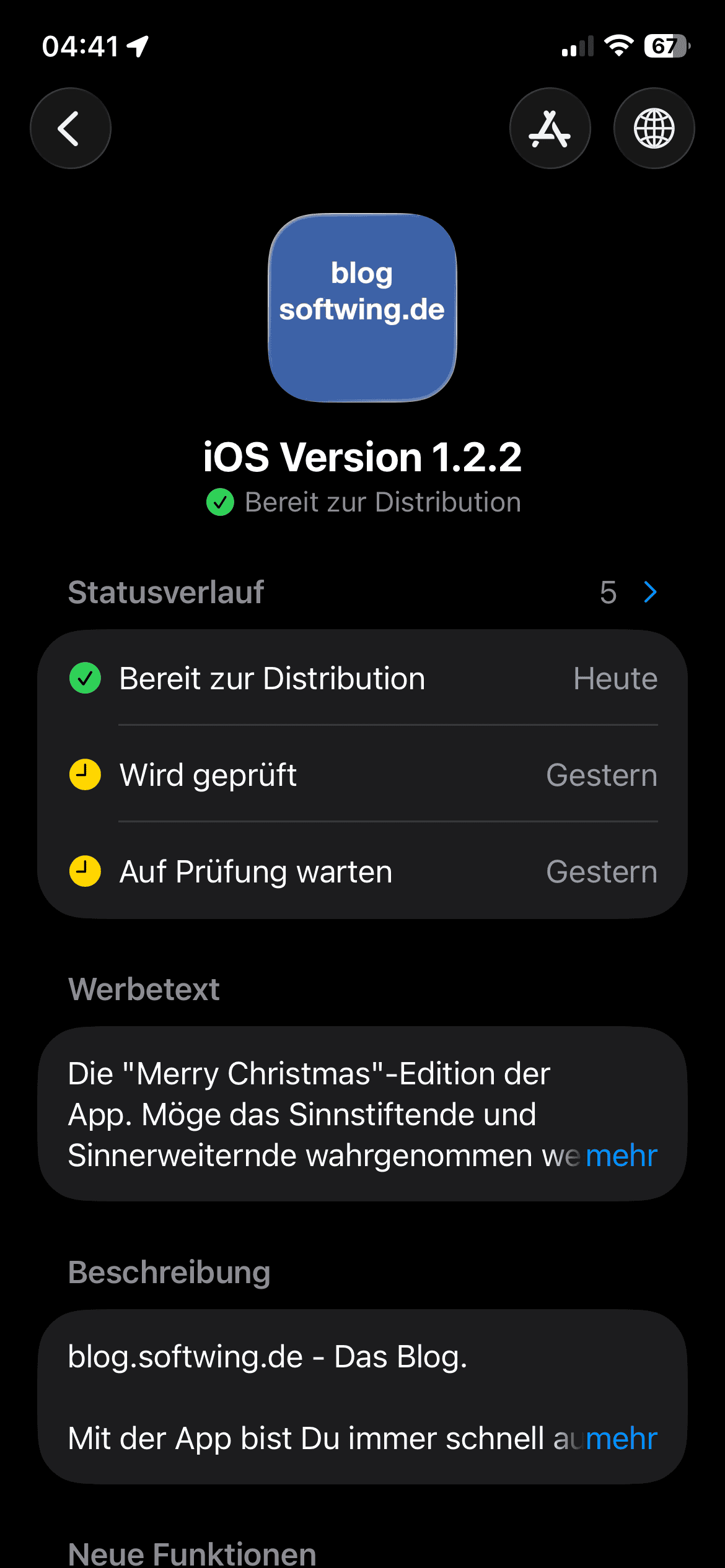 Screenshot Connect App: Blog App ist fertig geprüft