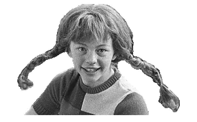 Graustufenportrait von Pippi Langstrumpf mit weiten Zöpfen zu den Seiten.