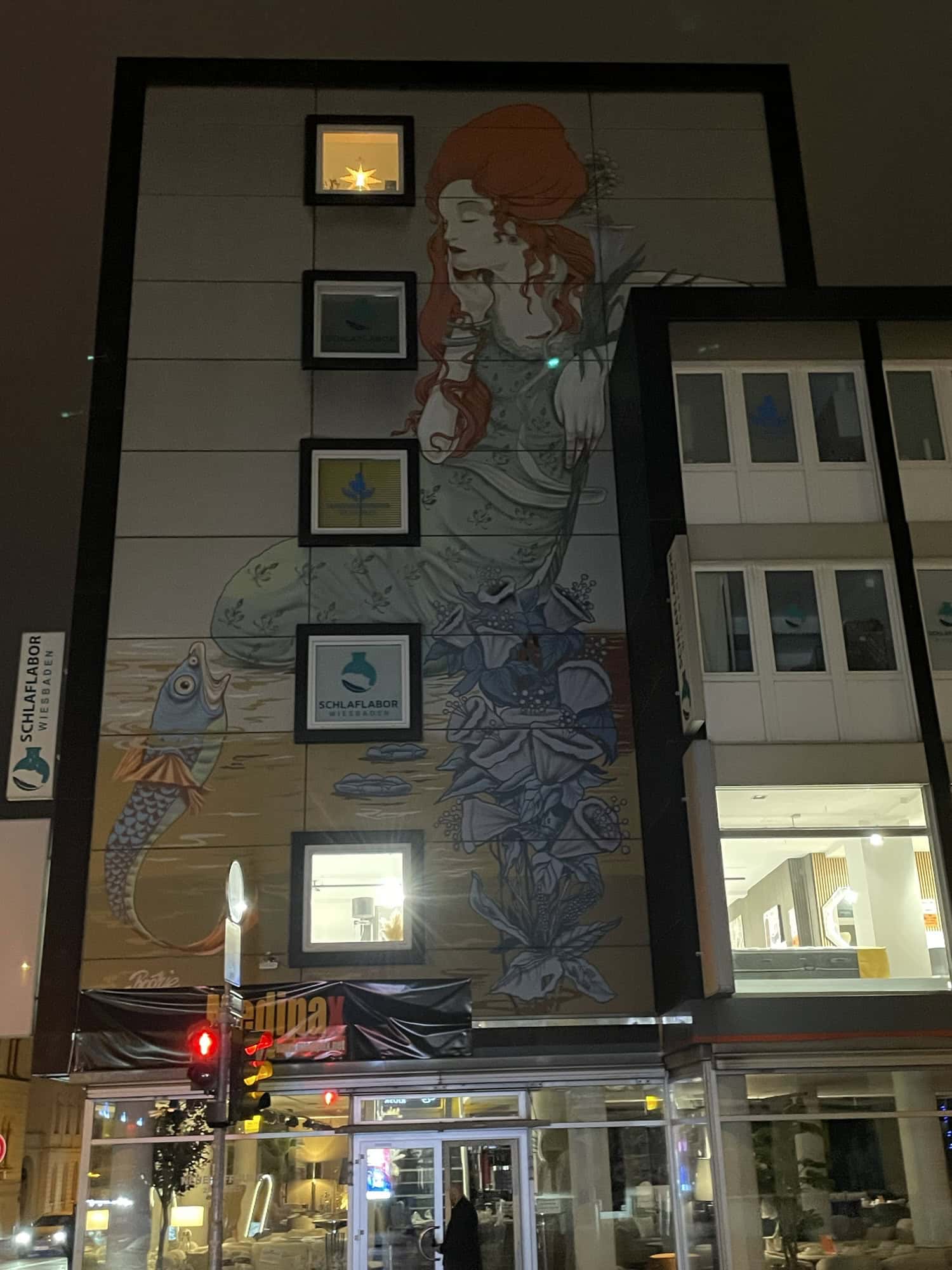 Hauswandkunst in Form einer riesigen Rothaarigen Nixe mit blauem Kleid am Wasser und Fisch.