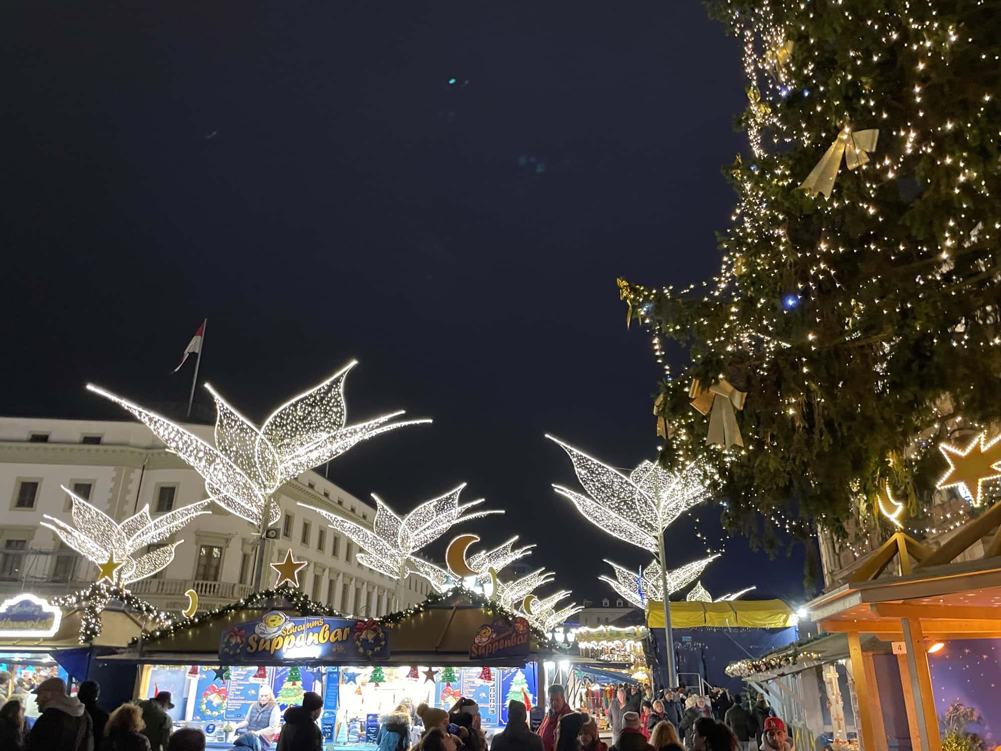 Weihnachstmarktbuden mit den Blumenbeleuchtungen des Weihnachtsmarktes und rechts großer Tannenbaum.
