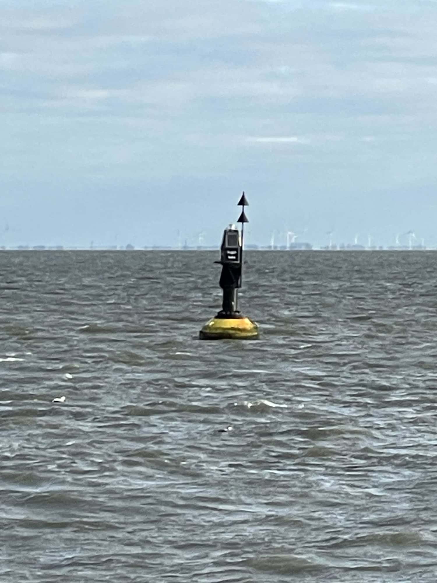 Eine Boje im Meer mit Leuchtsteahler.