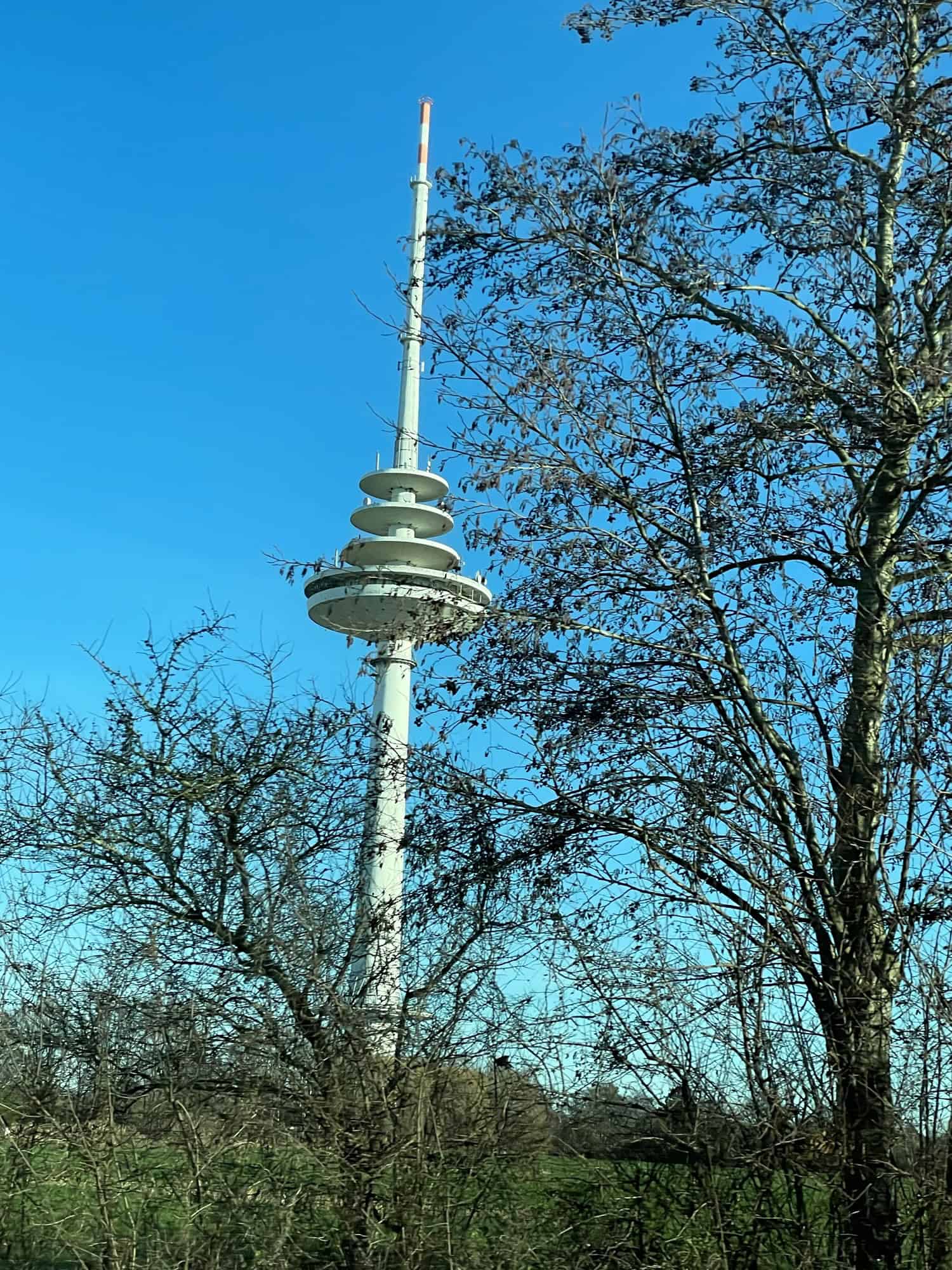 Der Cuxhavener Funkturm hinter Bäumen.