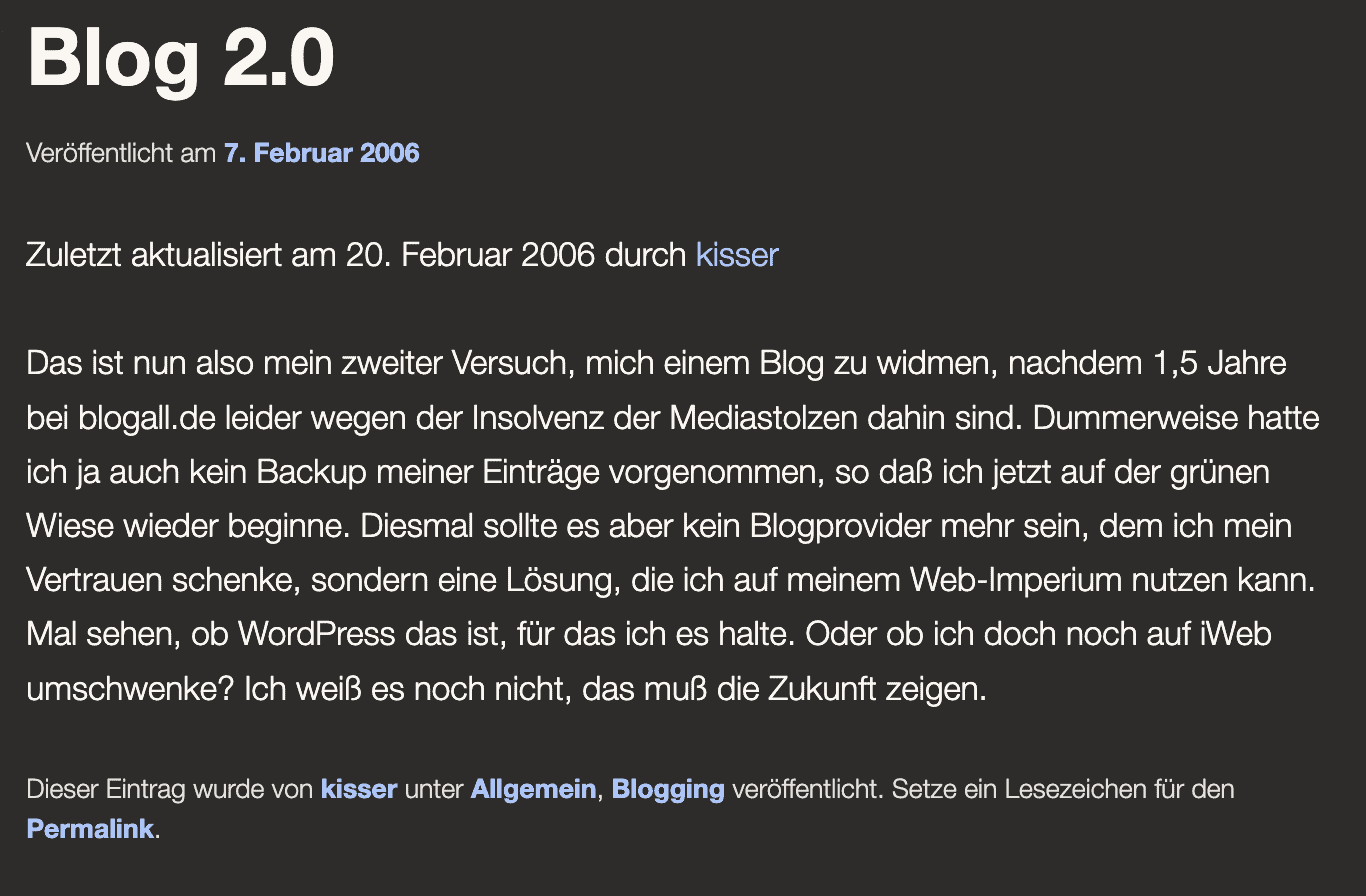 Screenshot des ersten Blogposts 'Blog 2.0'.