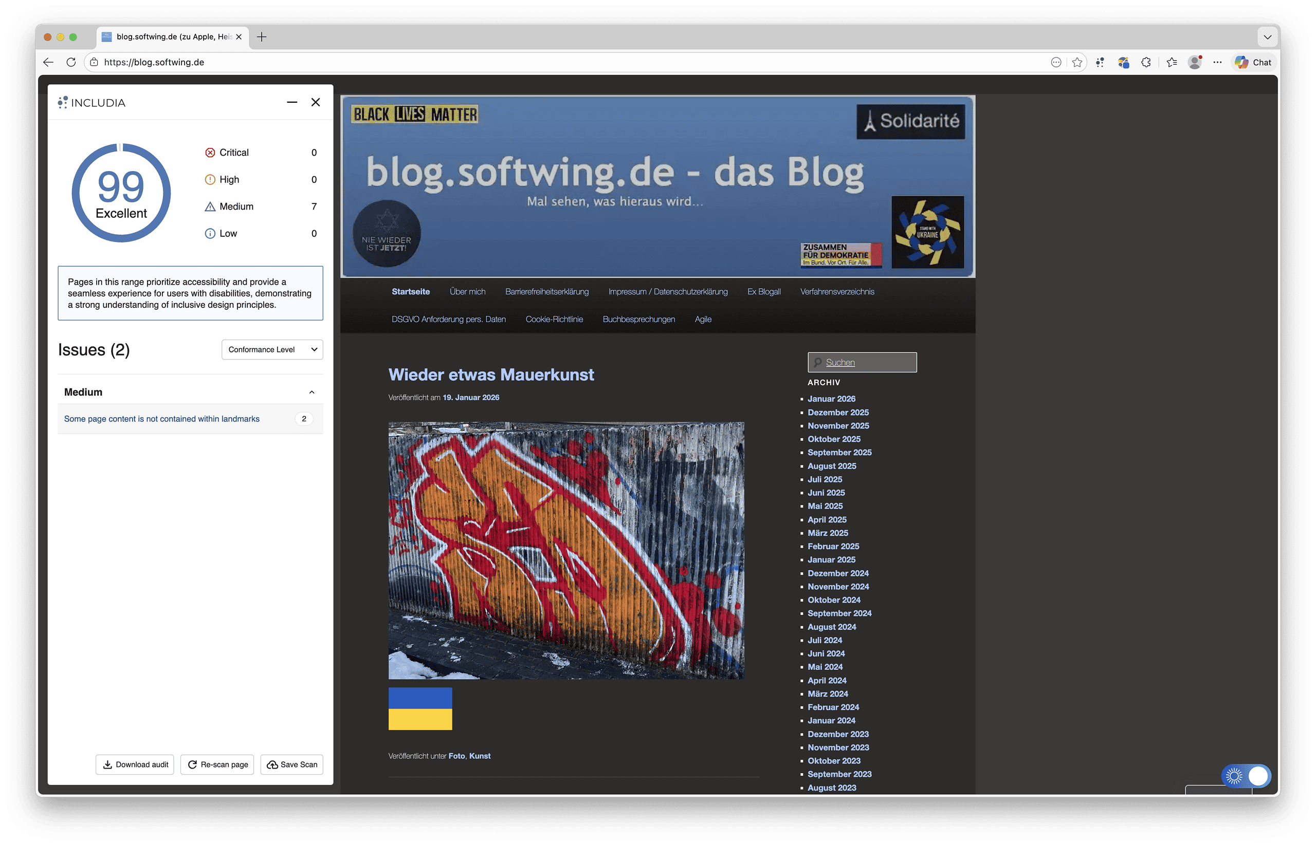 Guter Includia-Wert für Barrierefreiheit des Blogs mit 99% für Darkmoodus.