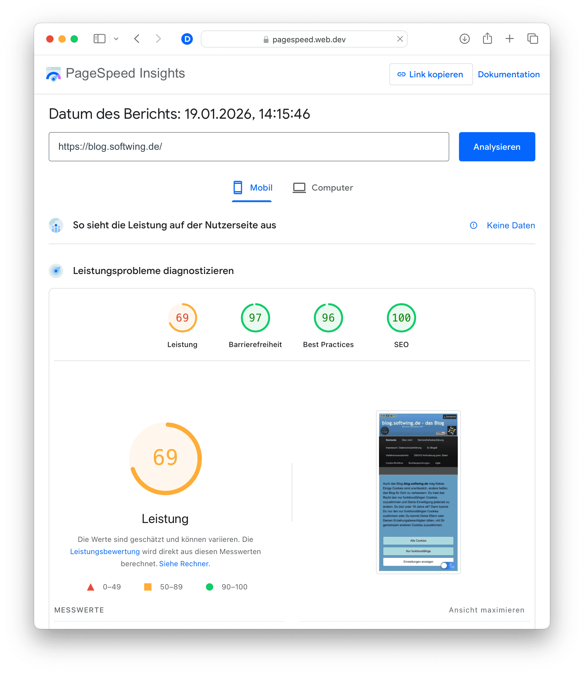 Sehr gute drei grüne Kreise und ein orange Performancekreis bei PageSpeed Insight zum Blog in der Mobilansicht.