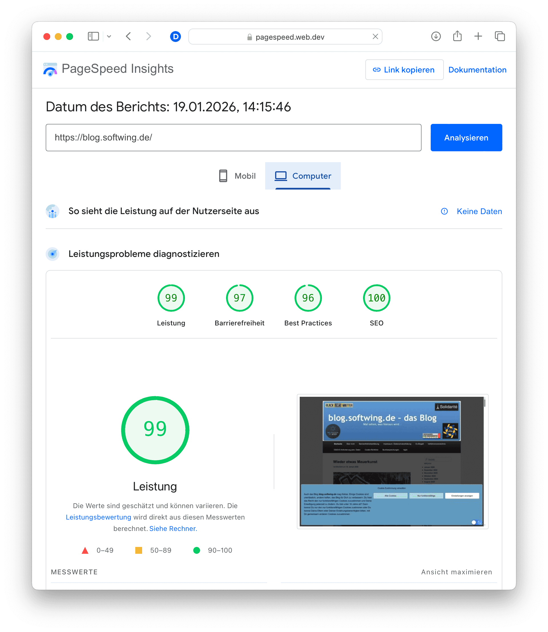 Sehr gute vier grüne Kreise bei PageSpeed Insight zum Blog in der Desktopansicht.