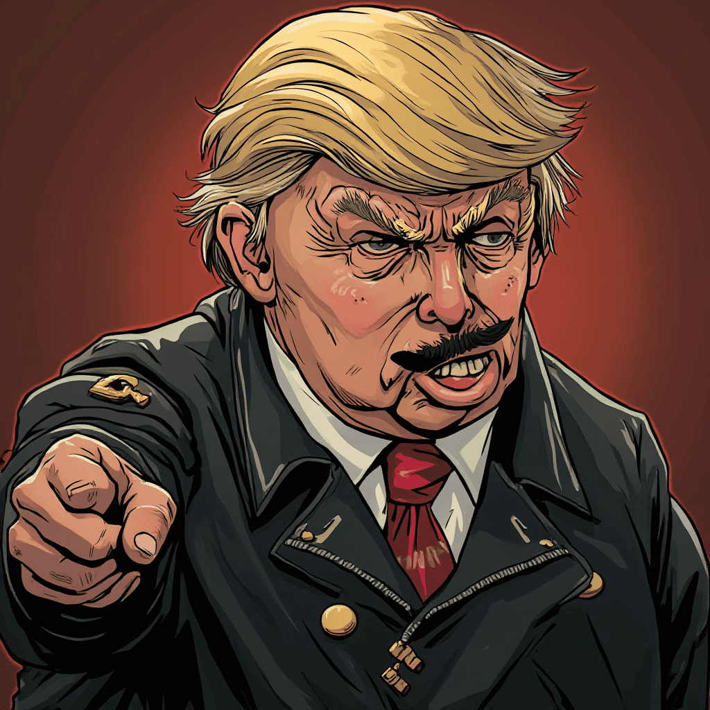 US President Donald Trump in Diktatoroutfit und -pose.