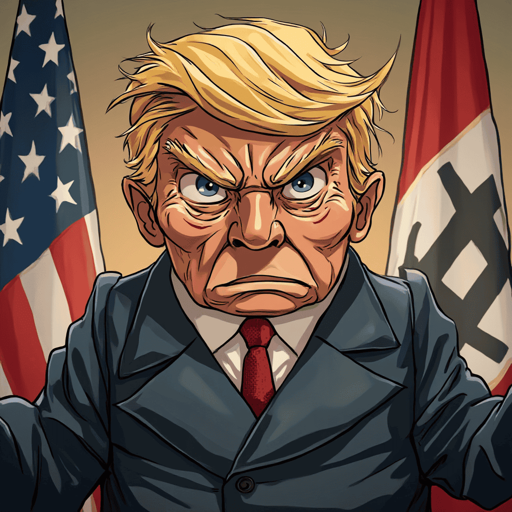 Böse dreinschauender US-Präsident mit US-Fahne links hinter ihm und rechts eine irgend nationalsozialistisch anmutende Fahne (ohne, dass sie das ist).