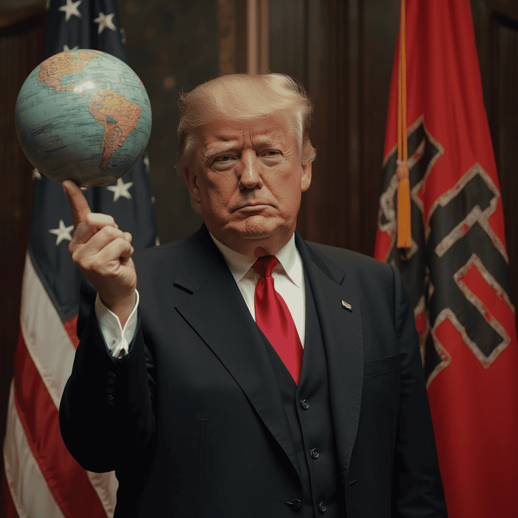 Donald Trump mit Globus in der Hand vor US- und roter Flagge mit kryptischem Symbol.