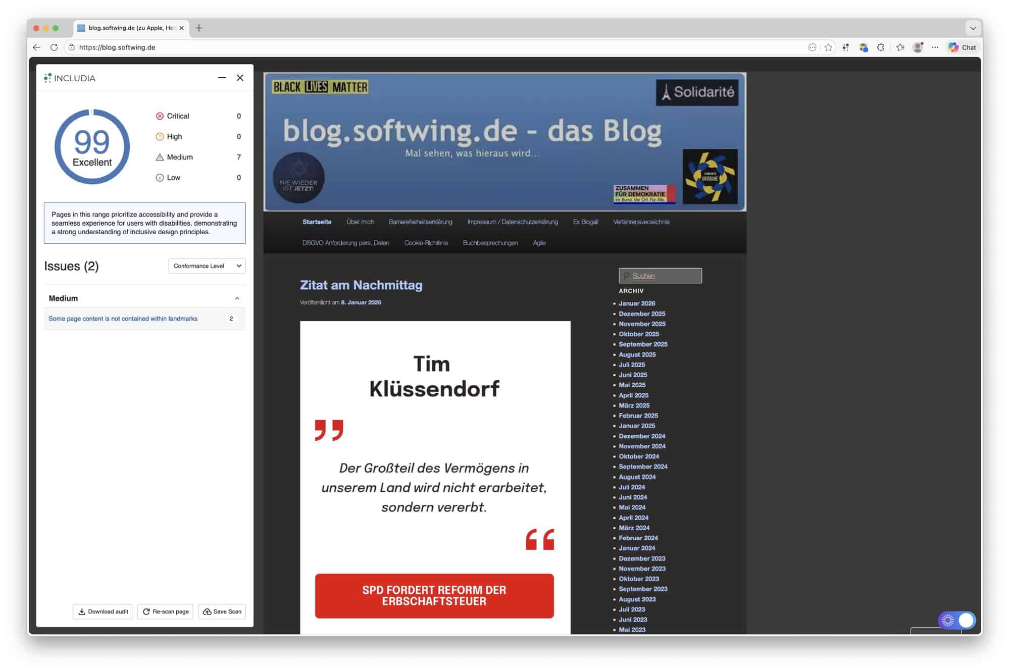 Blogwebseite im Darkmode mit Includia-Barrierefreiheitswert von 99.
