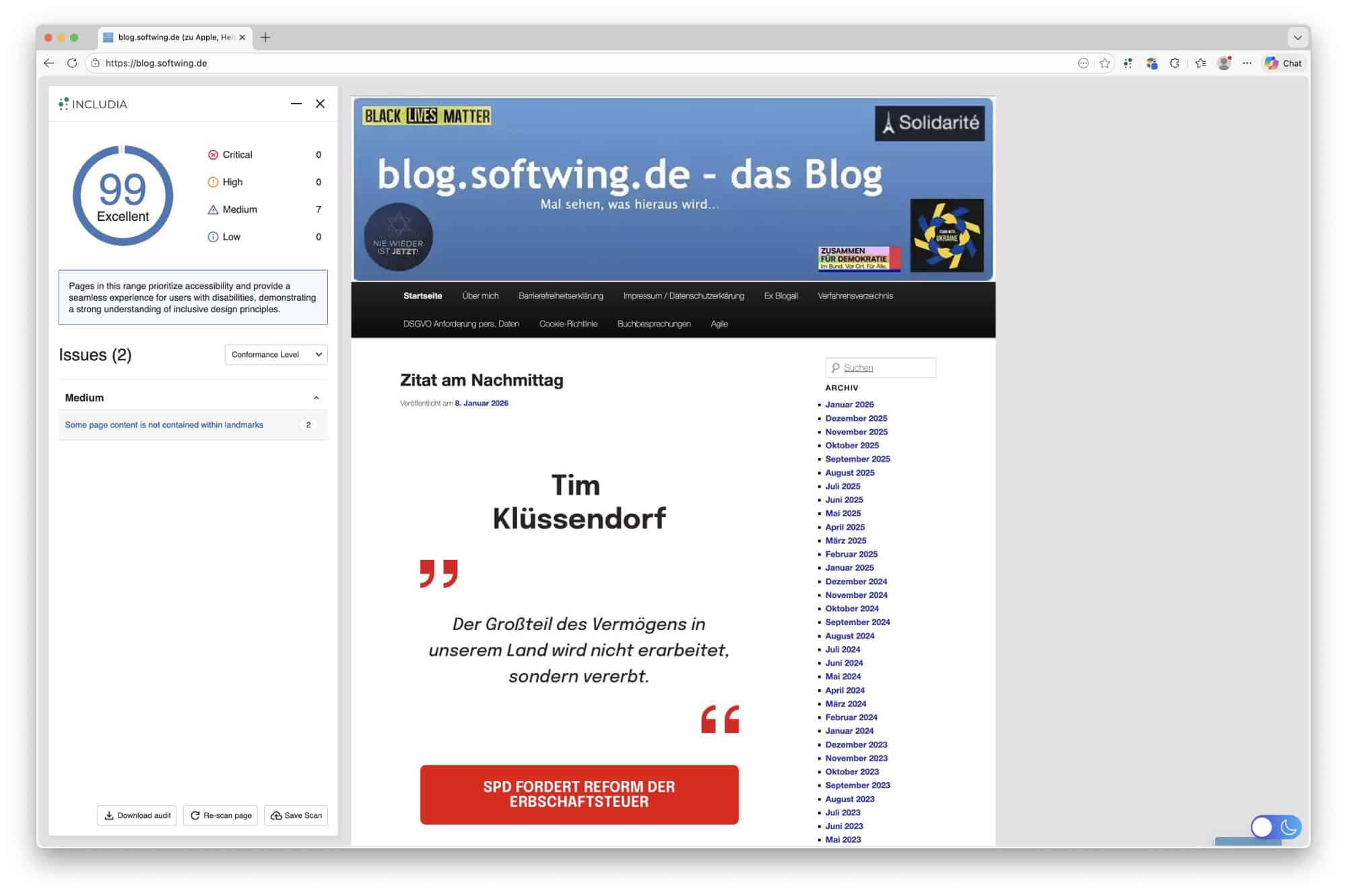 Blogwebseite mit Includia-Barrierefreiheitswert von 99.