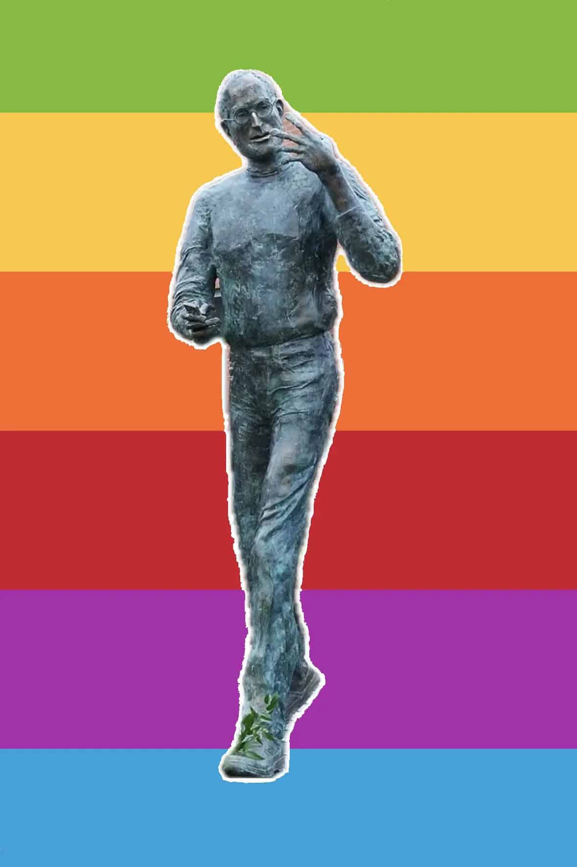 Steve Jobs Bronzestatur vor Apple-Regenbogen