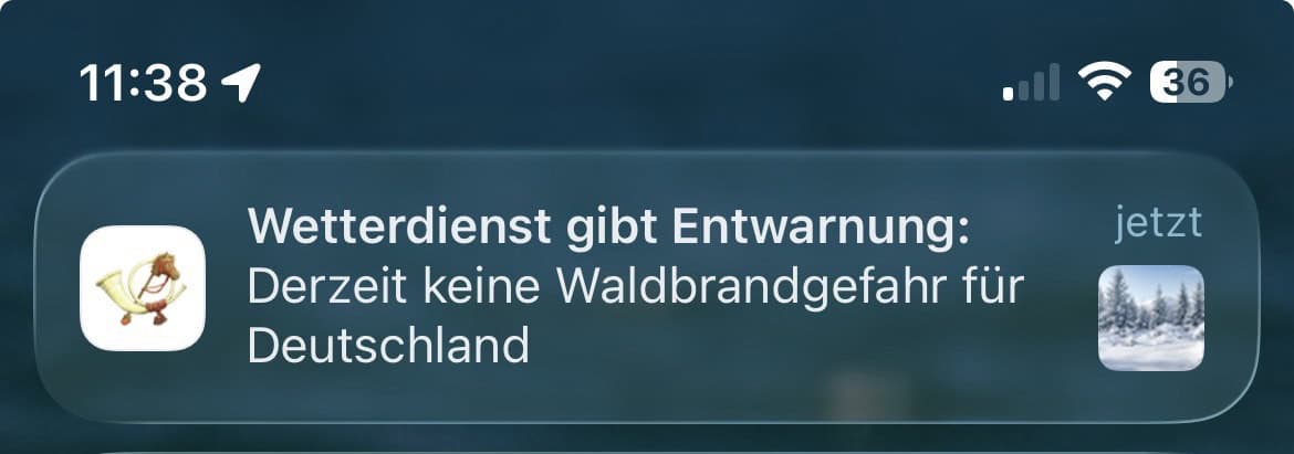 Postillon-Pushbenachrichtigung zu 'aktuell keine Waldbrandgefahr'.