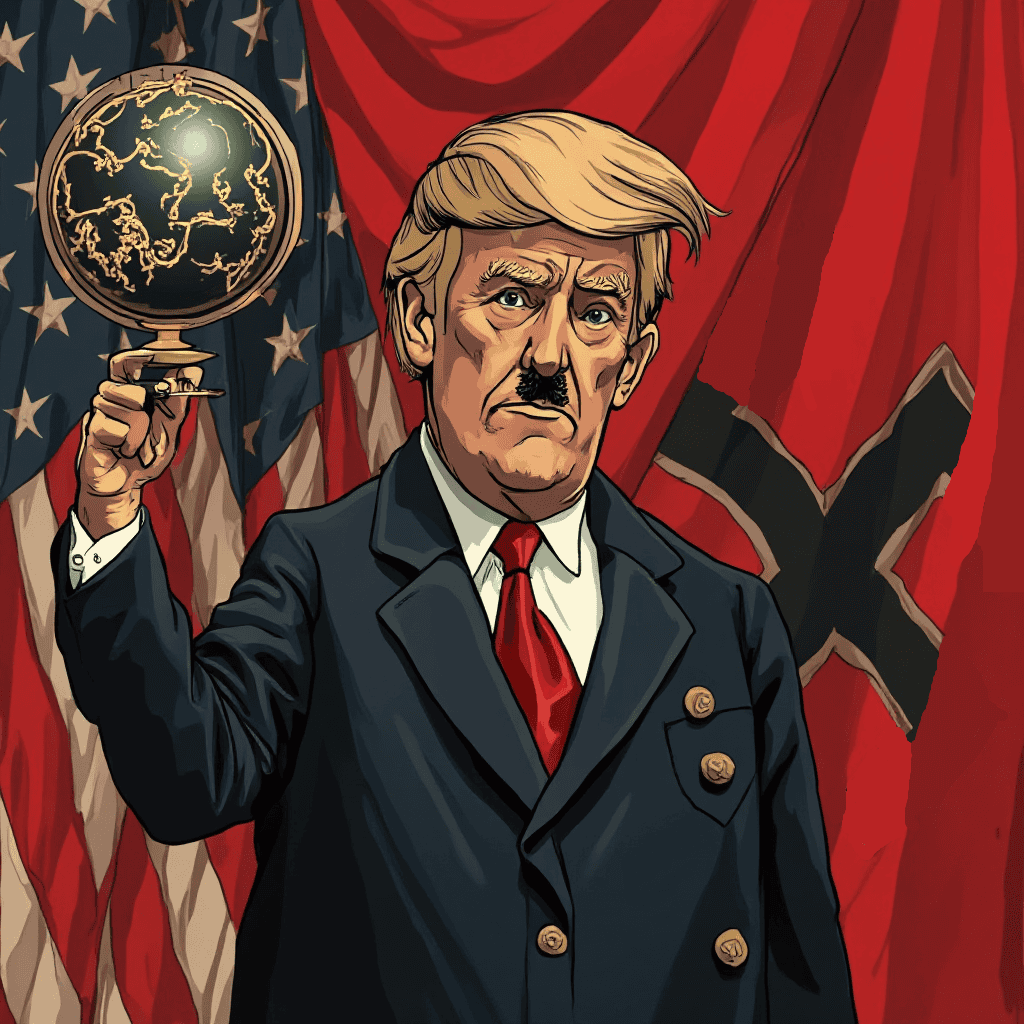 Comicbild mit Trump, der einen Globus in der Hand hält, im Hintergrund die US- Flagge und eine rote mit schwarzen Kreuz.