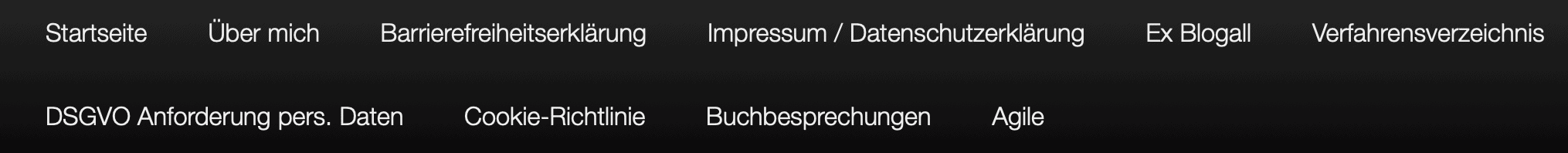 Das Blogmenü mit weißer Schrift auf schwarzem Grund.