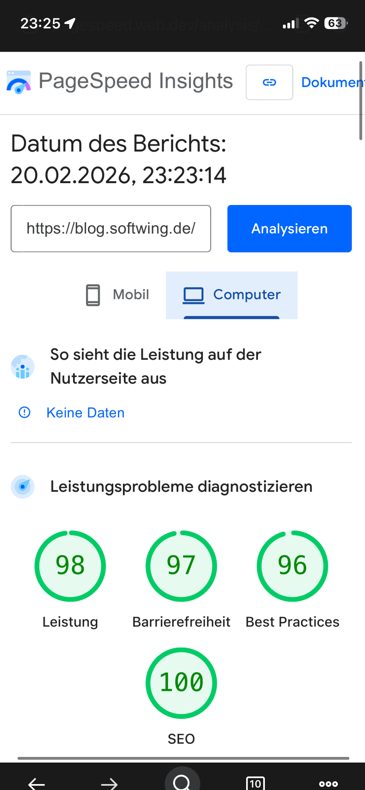 PageSpeed Insights mit guten Werten für das Blog in der Desktopansicht.
