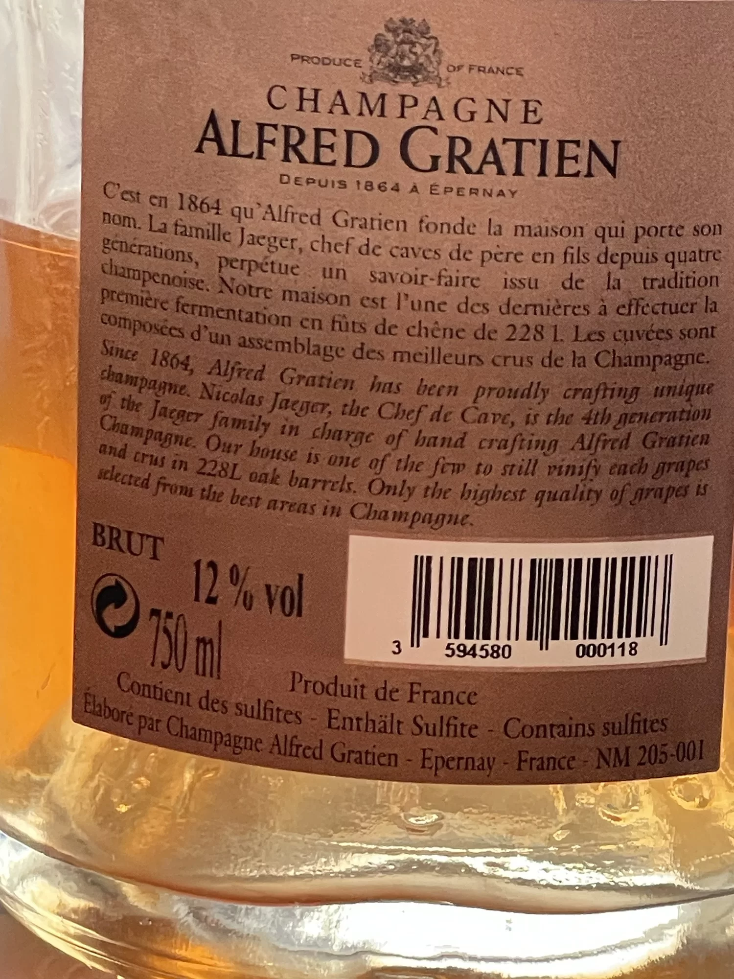 Flaschenetikett hinten von Alfred Gratien Champagner.